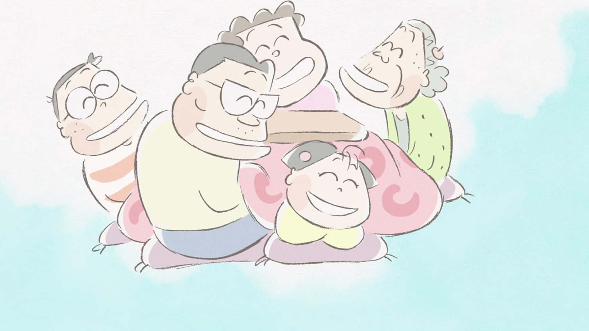 My Neighbors The Yamadas, pastel sky, cartoon family of five, Full HD Desktop Wallpaper