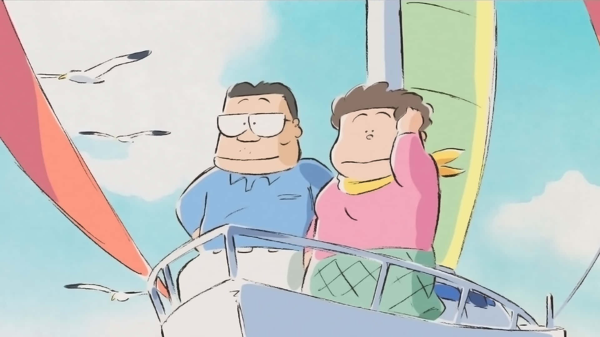 My Neighbors The Yamadas, sunny sailboat ride, seagulls flying overhead, Full HD Desktop Wallpaper