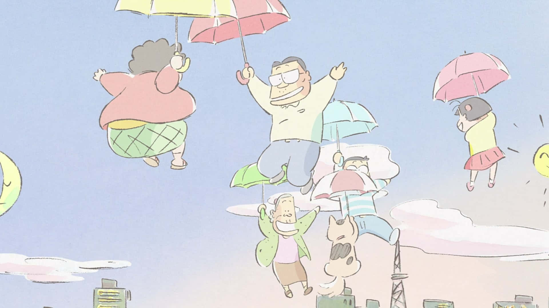 My Neighbors The Yamadas, pastel sky, colorful umbrellas, Full HD Desktop Wallpaper