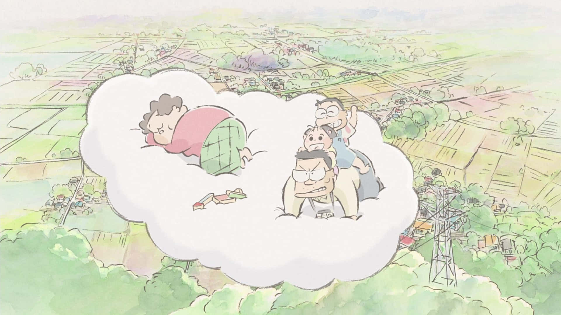 My Neighbors The Yamadas, anime scene, family floating in a cloud, Full HD Desktop Wallpaper