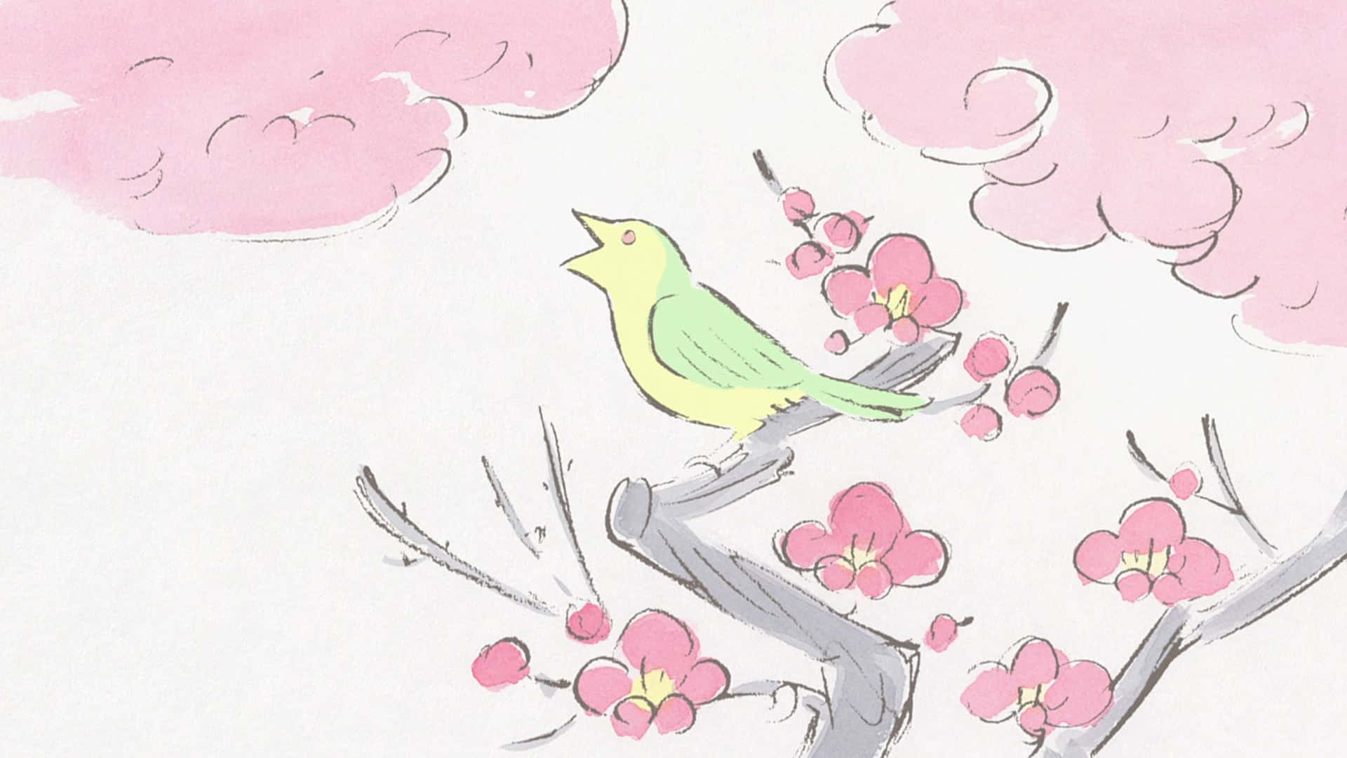 My Neighbors The Yamadas, vibrant green bird, blossoming cherry branch, Full HD Desktop Wallpaper