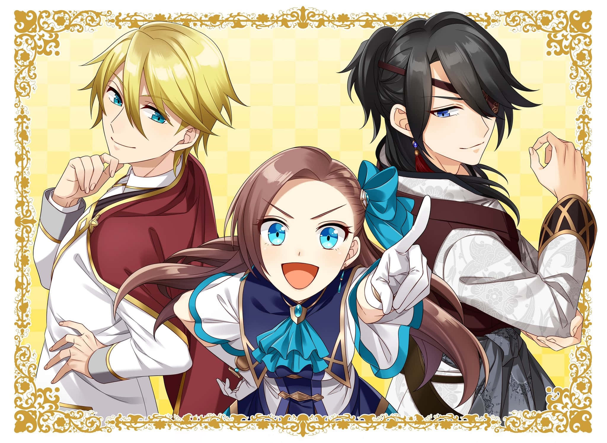 My Next Life As A Villainess All Routes Lead To Doom, golden checkered background, ornate costumes, Full HD Desktop Wallpaper