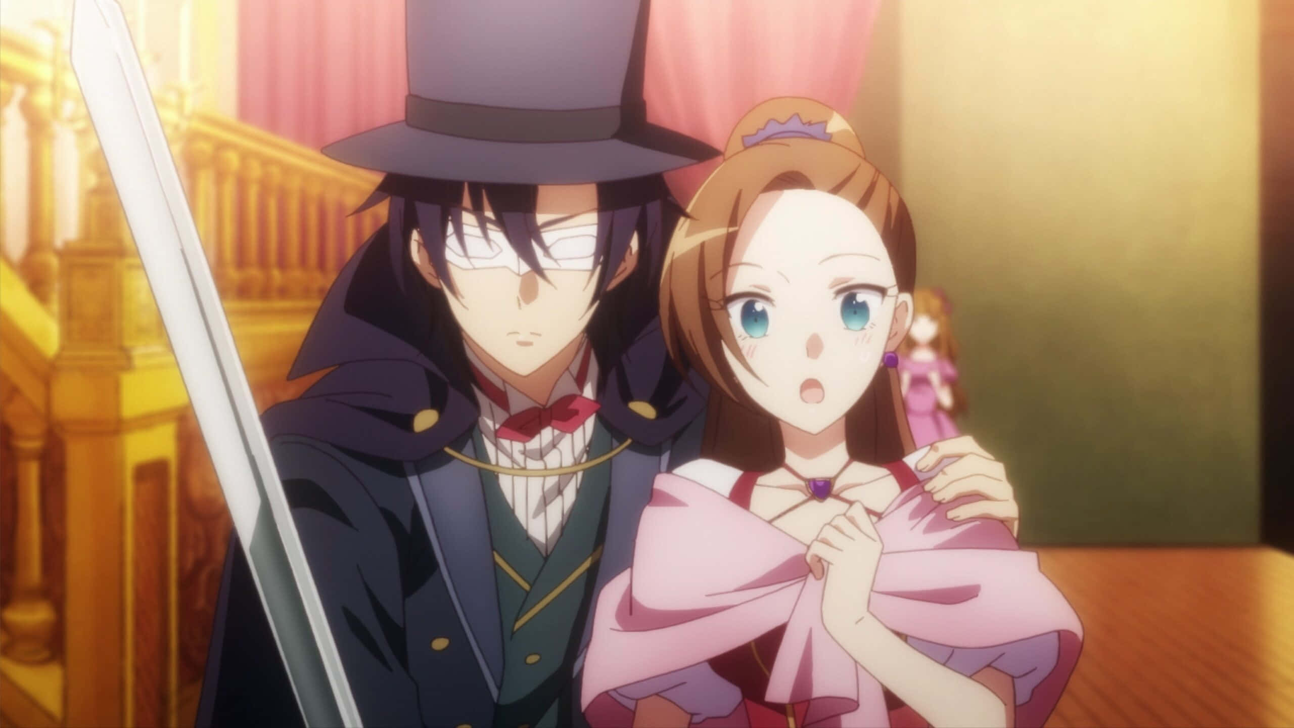 My Next Life As A Villainess All Routes Lead To Doom, pink dress, masked man in a top hat, 2K Desktop Wallpaper