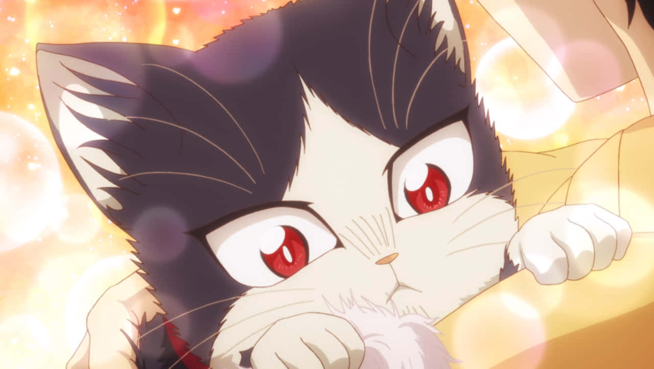 black and white anime cat, red eyes, golden bokeh lights, HD Desktop Wallpaper