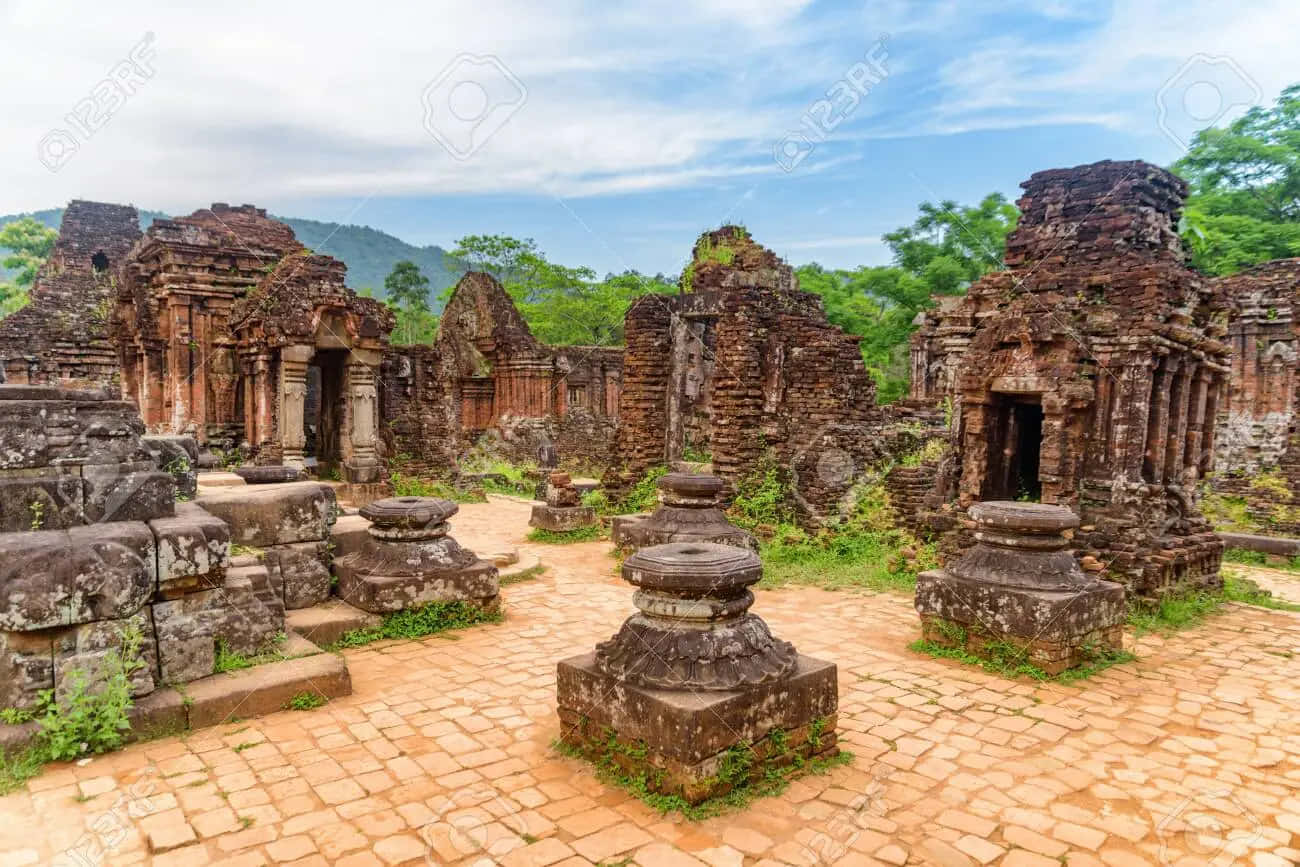 My Son Sanctuary, sunset, ancient stone temple ruins, HD Desktop Wallpaper