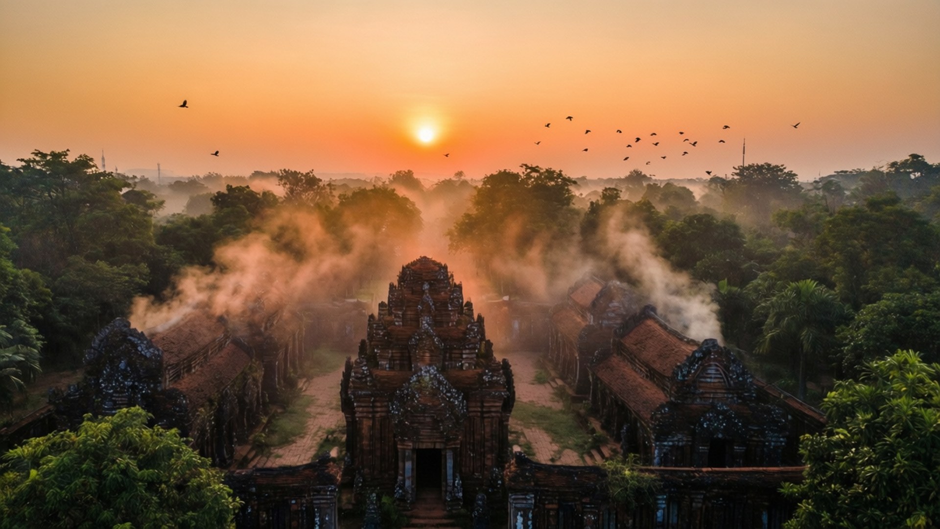 My Son Sanctuary, sunrise, mist, Full HD Desktop Wallpaper