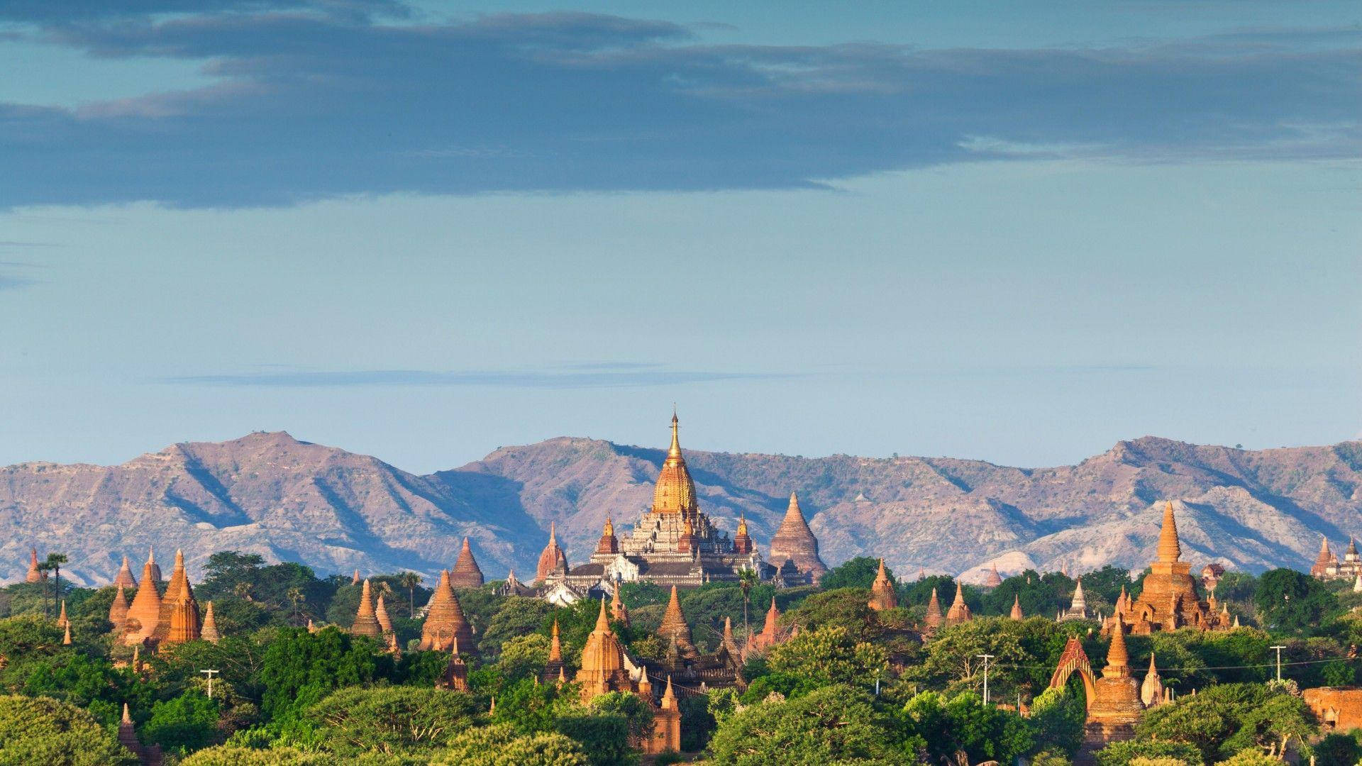 Myanmar, temples, mountains, Full HD Desktop Wallpaper