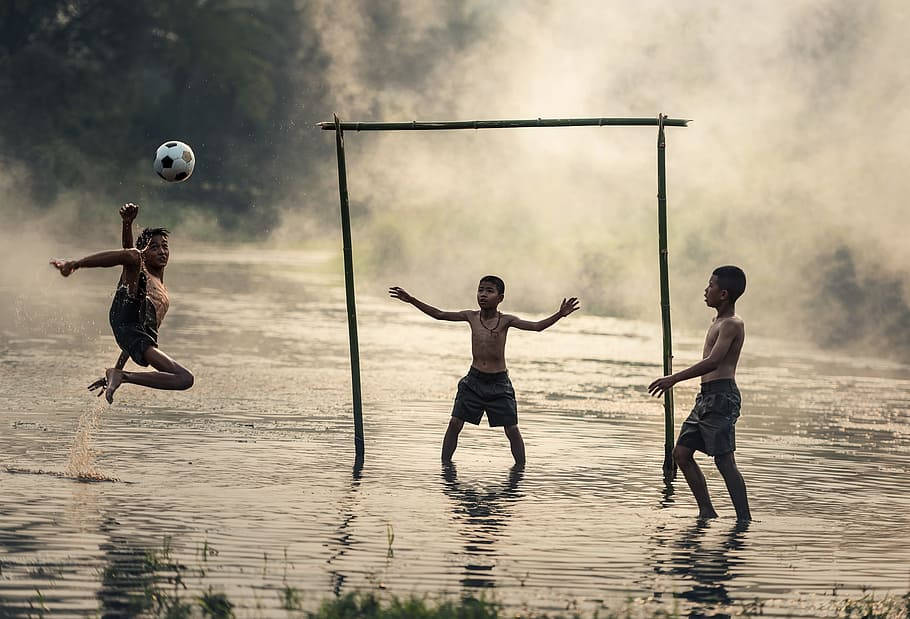 Myanmar, kids playing soccer, misty river, SD Desktop Wallpaper