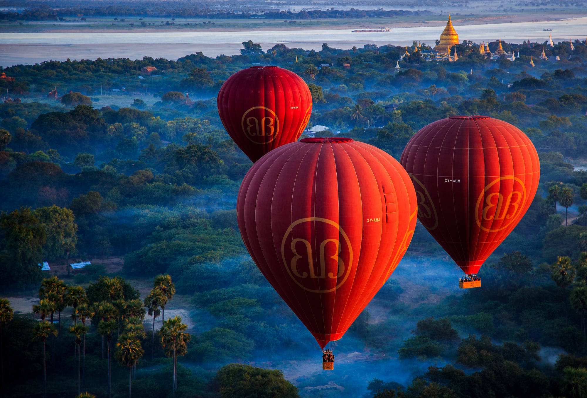 red hot air balloons, misty jungle canopy, golden pagodas, Full HD Desktop Wallpaper