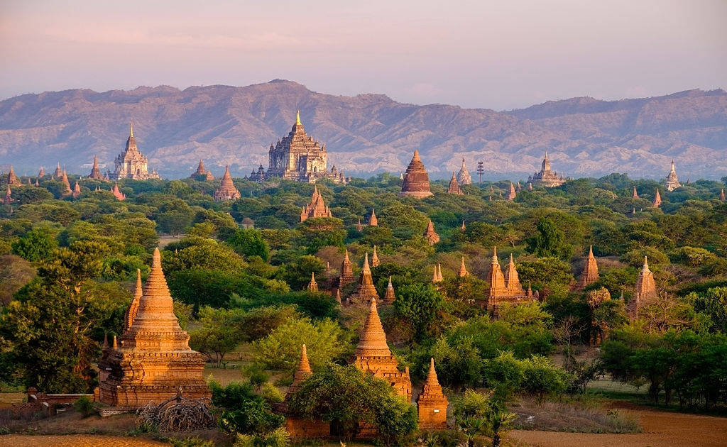 Myanmar, forest houses, golden pagodas, SD Desktop Wallpaper