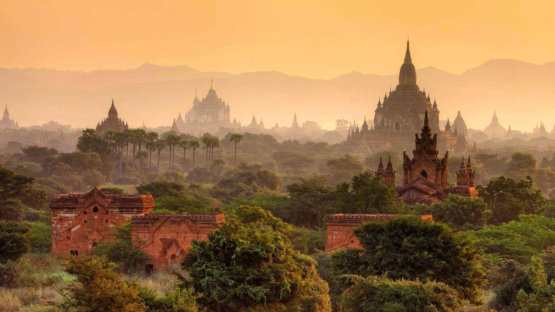 Myanmar, foggy landscape, golden hour light, Full HD Desktop Wallpaper