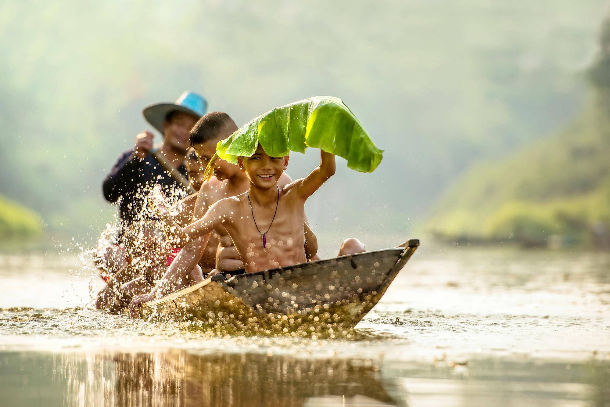 Myanmar, kids, boat, Full HD Desktop Wallpaper