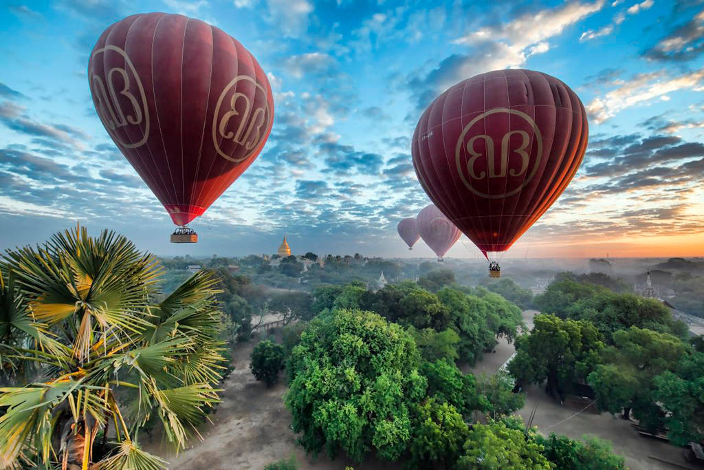 Myanmar, hot air balloons, sunrise, SD Desktop Wallpaper