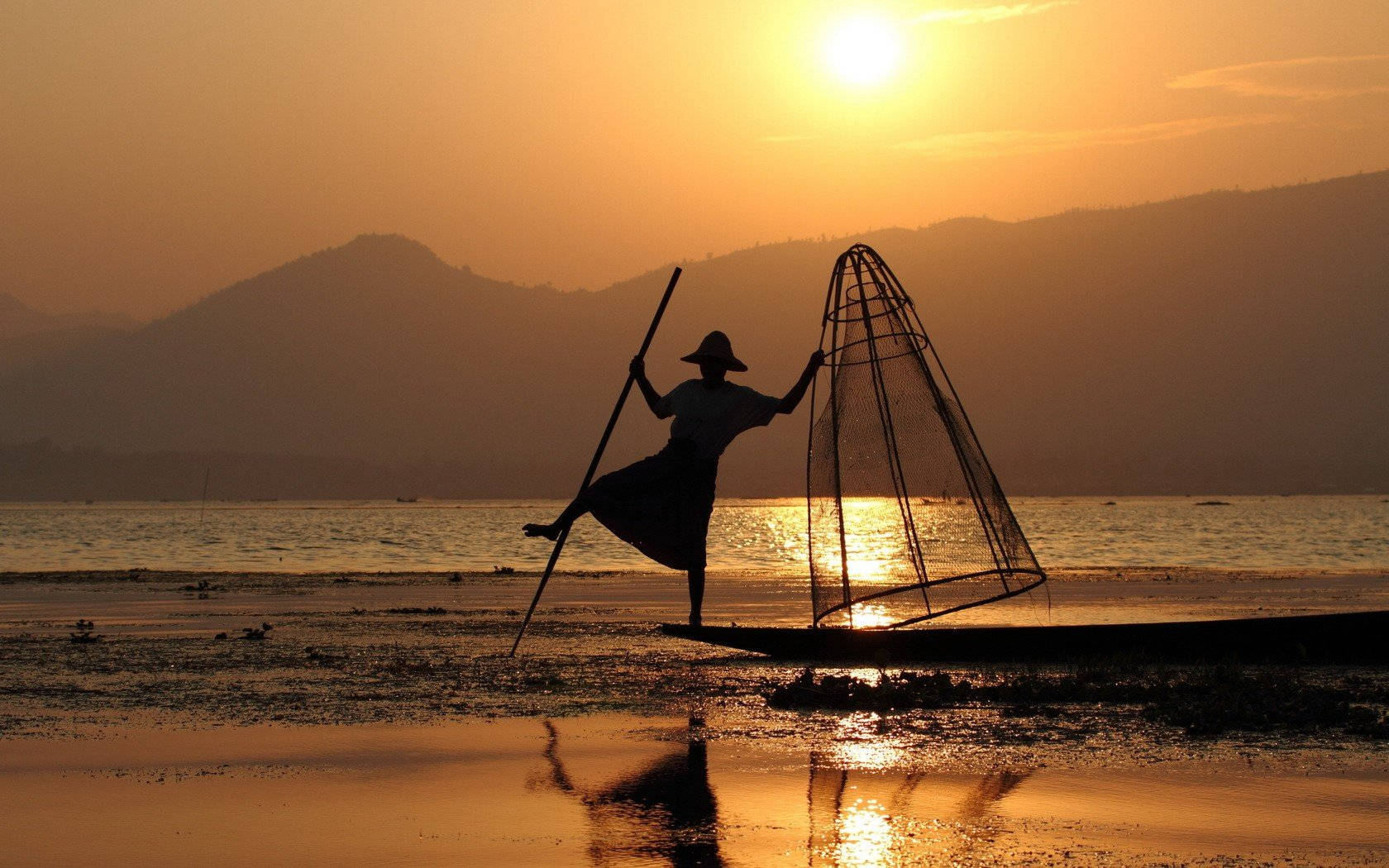 fisherman, narrow boat, conical net, HD Desktop Wallpaper