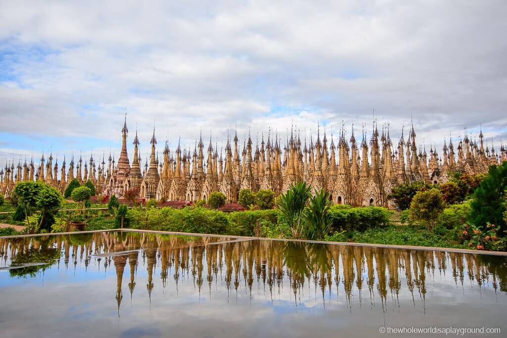 Myanmar, golden pagodas, calm pond, SD Desktop Wallpaper