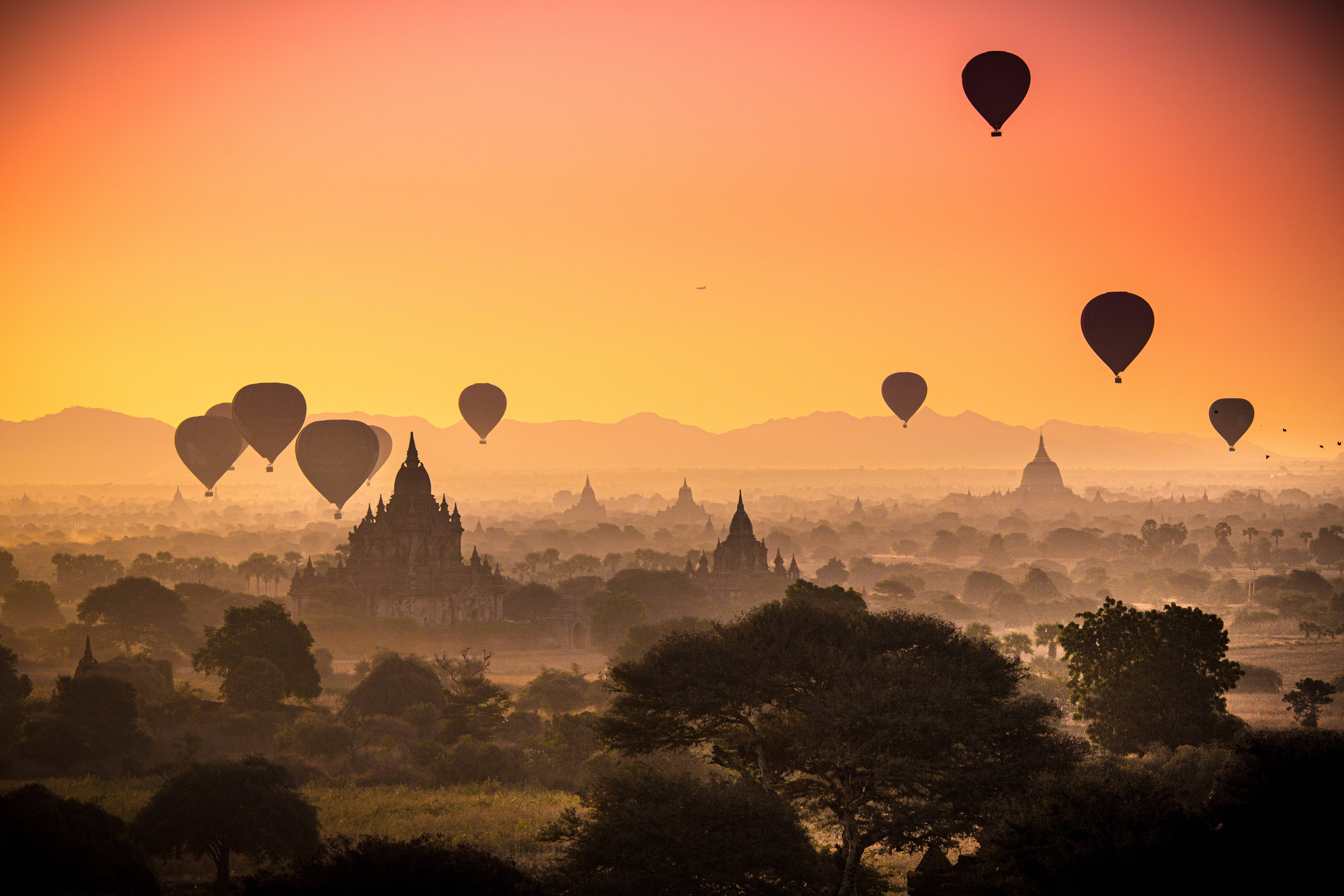 floating air balloons, Myanmar, ancient pagodas, 5K Desktop Wallpaper