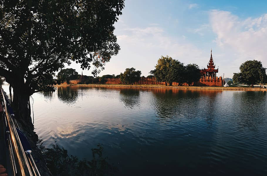 temple, lake, sunset, SD Desktop Wallpaper