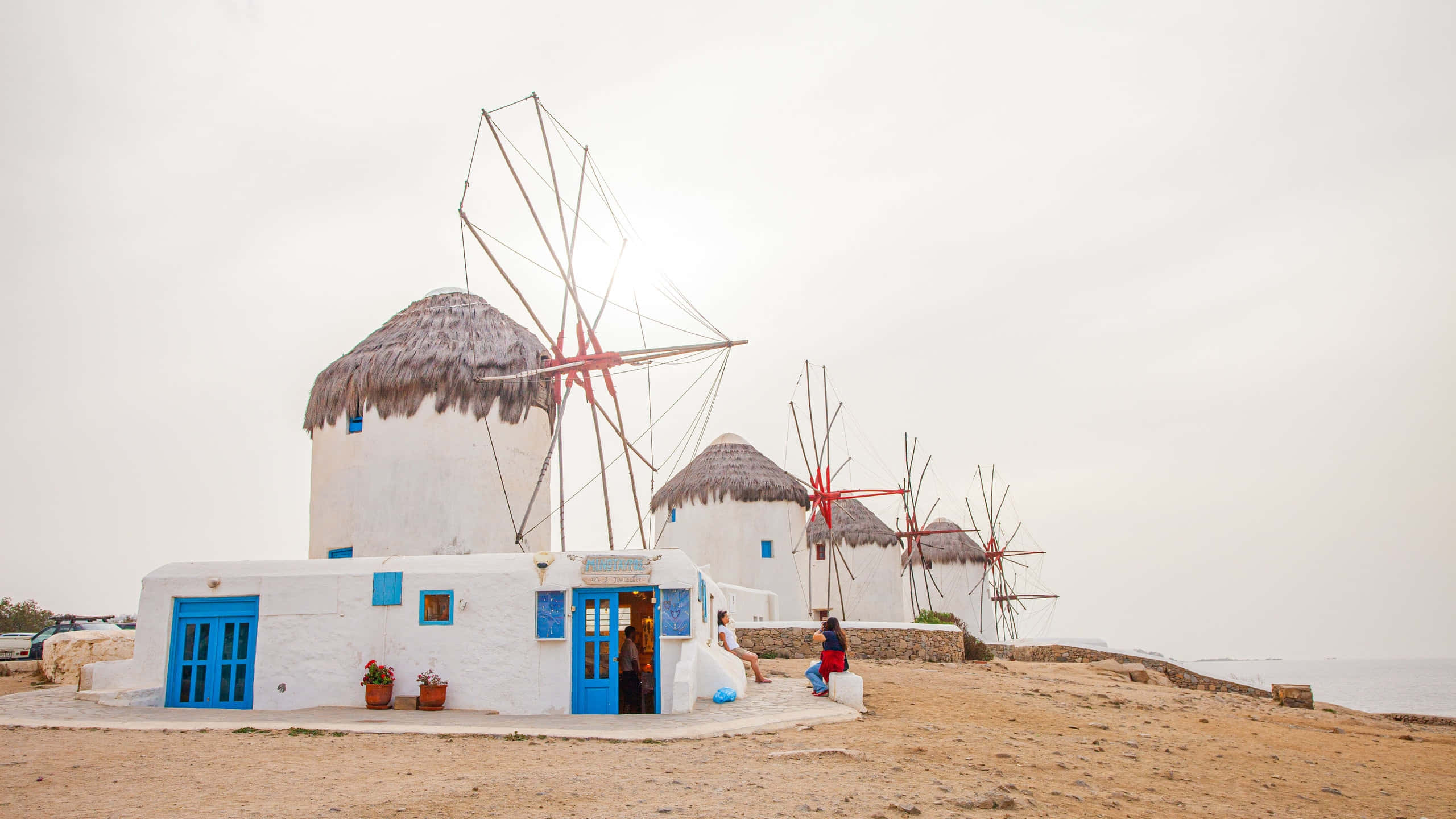 Mykonos, windmills, sunset, 2K Desktop Wallpaper