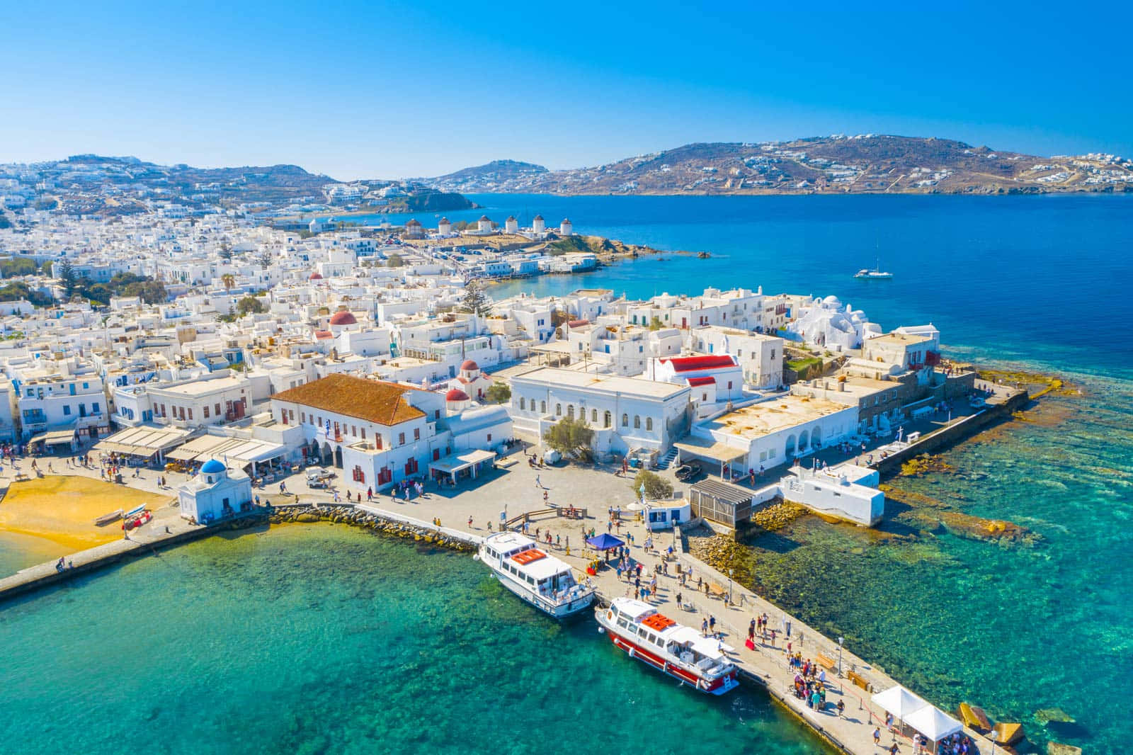 Mykonos Windmills, sunlit Greek island town, white buildings, HD Desktop Wallpaper