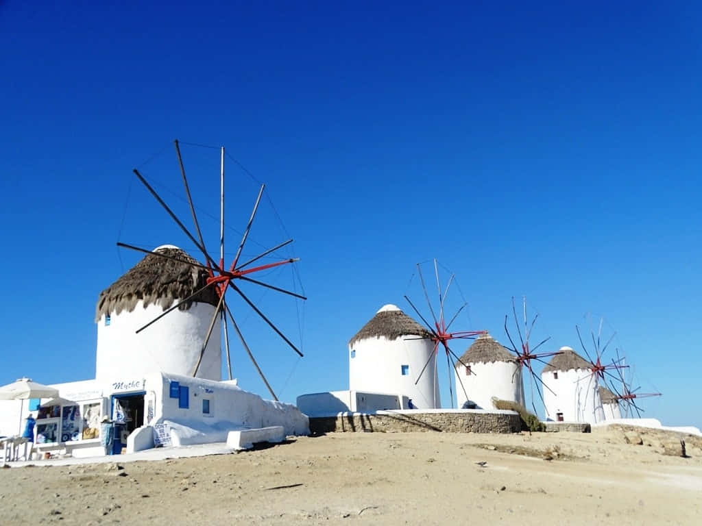 Mykonos Windmills, sunset, white windmills, SD Desktop Wallpaper