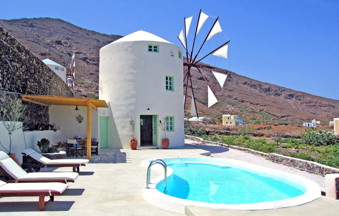Mykonos Windmills, sunset, white cylindrical villa, HD Desktop Wallpaper