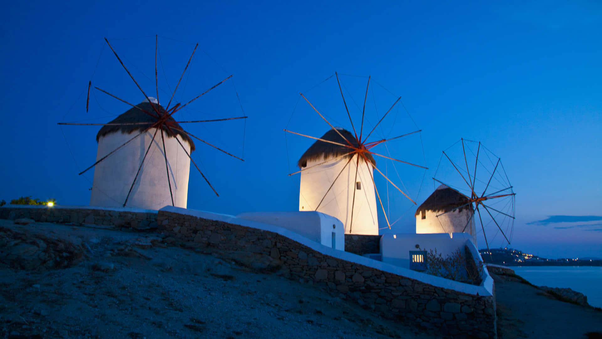 Mykonos Windmills, white windmills, cliff, Full HD Desktop Wallpaper