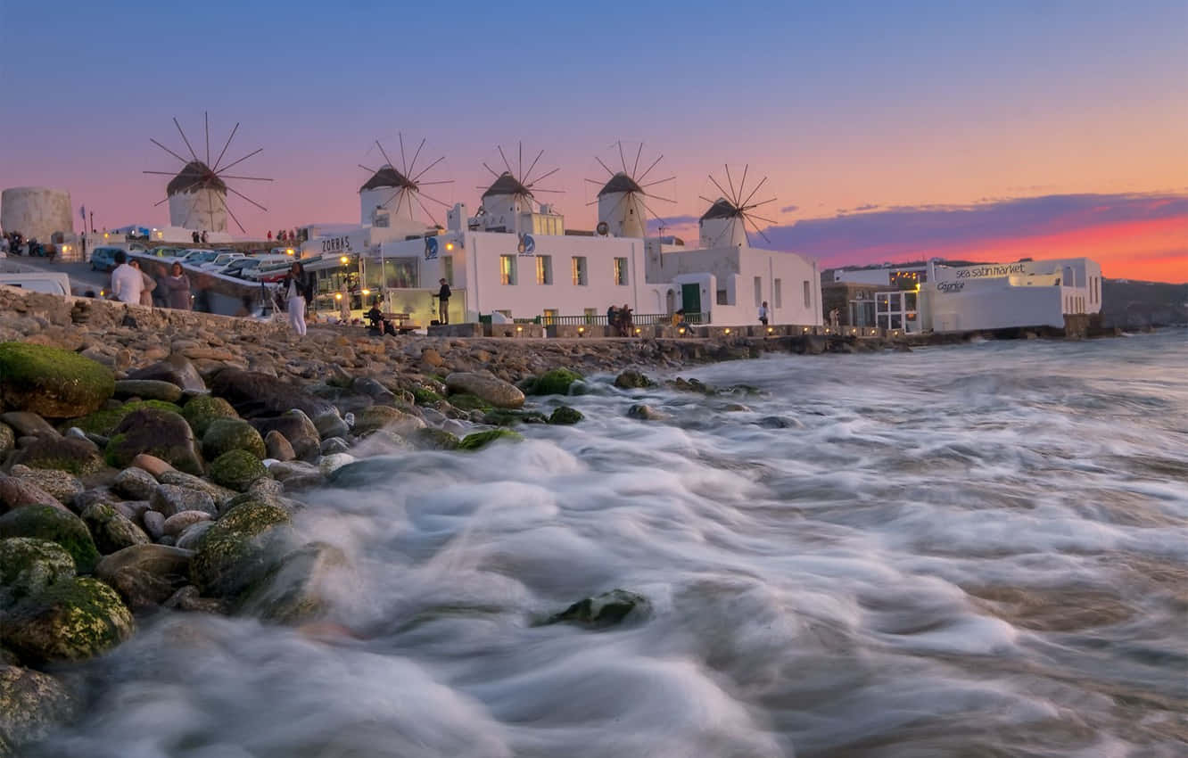 Mykonos Windmills, sunset, white windmills, HD Desktop Wallpaper