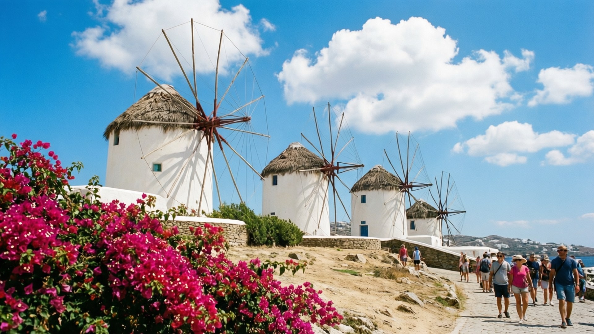 Mykonos windmills, summer day, flowers, Full HD Desktop Wallpaper