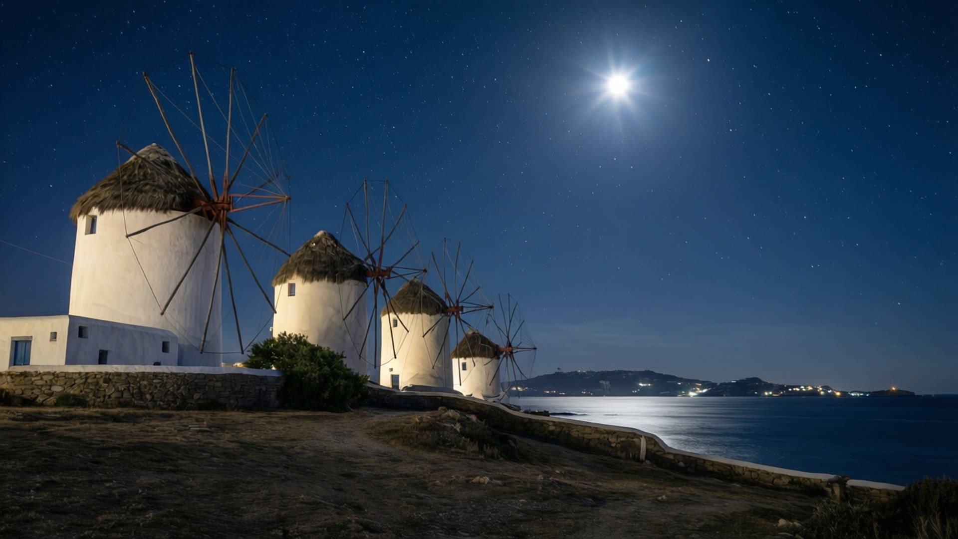Moonlit Windmills, Mykonos windmills, starry sky, Full HD Desktop Wallpaper