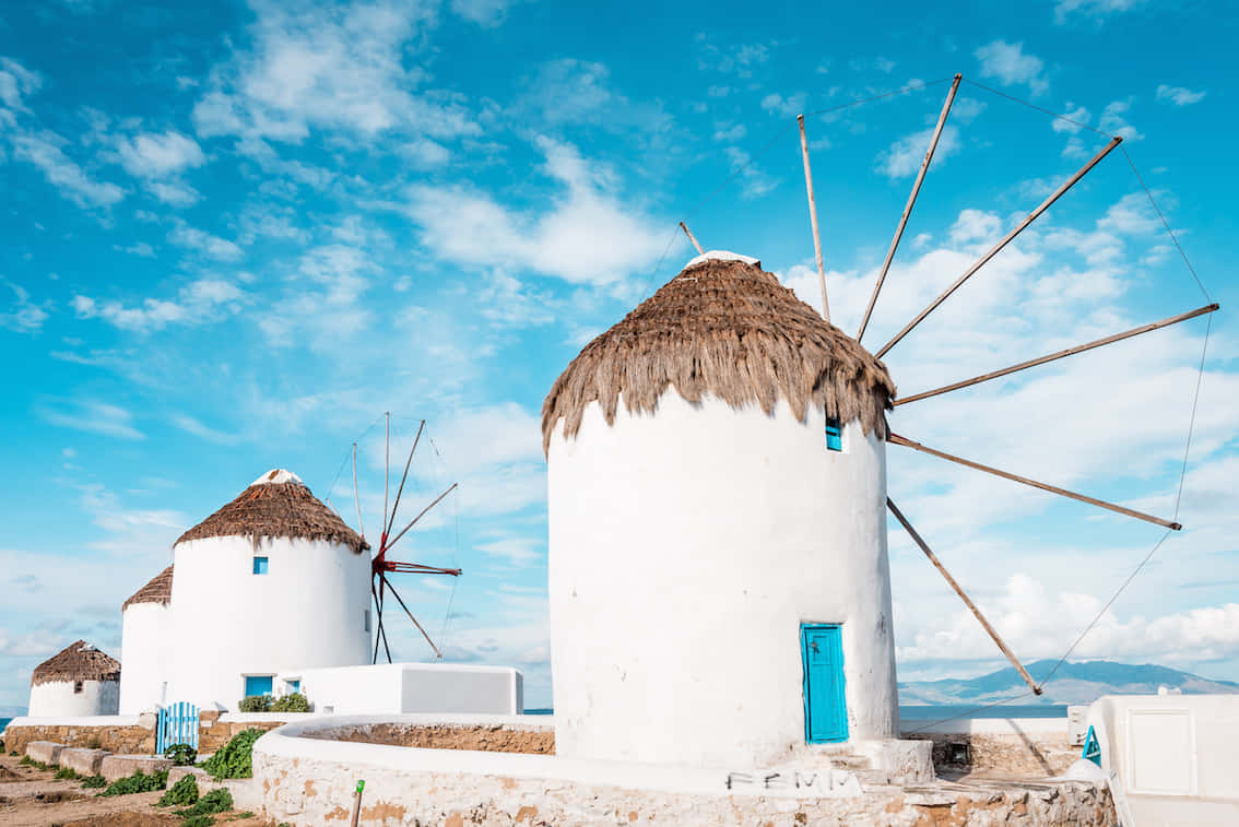 Mykonos Windmills, stunning sunset, white windmills, SD Desktop Wallpaper