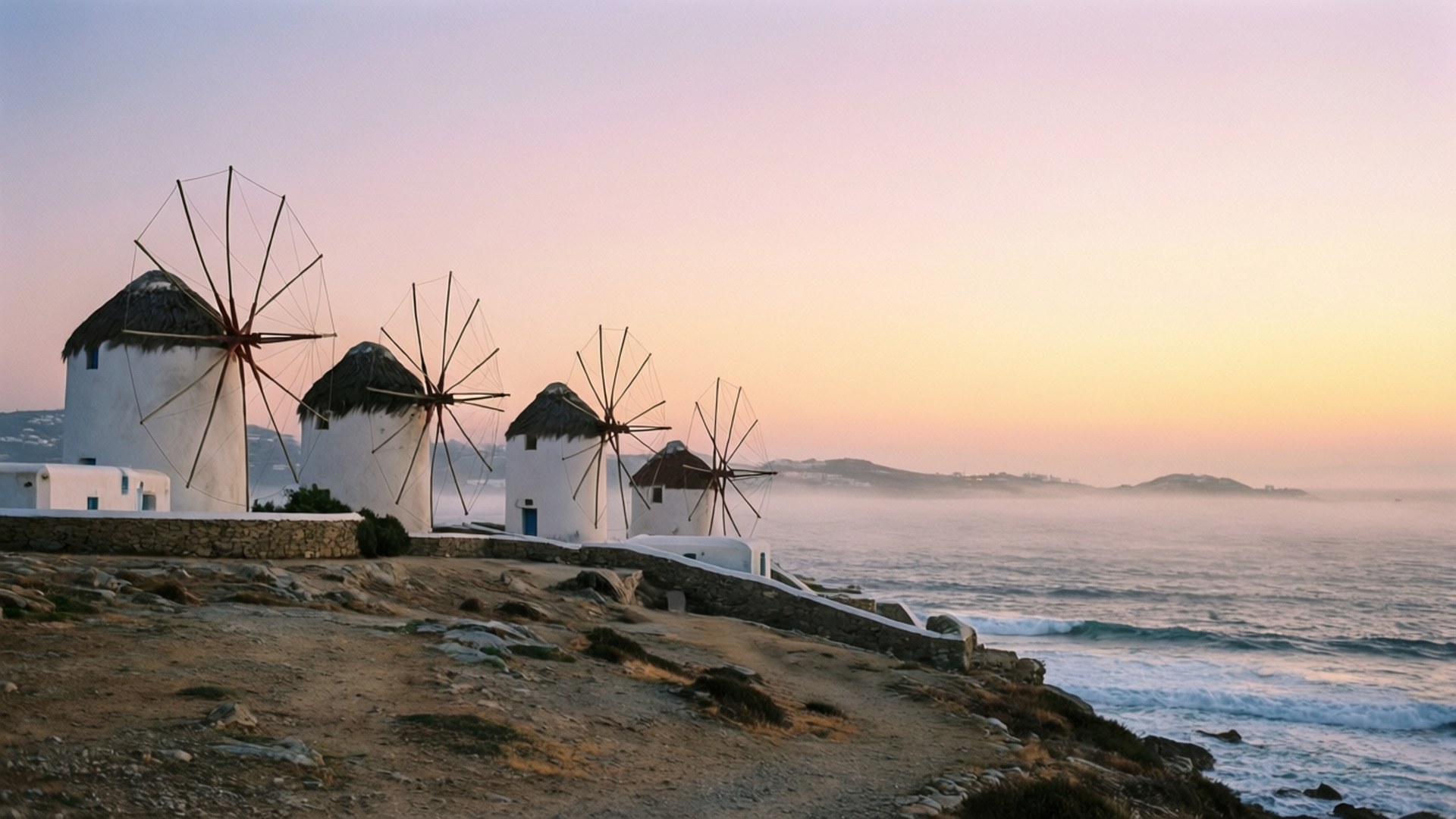 sunrise, white windmills, thatched roofs, Full HD Desktop Wallpaper