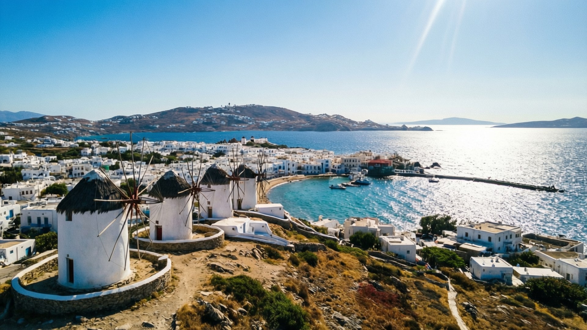 Aerial Mykonos Windmills, Mykonos Windmills, white windmills, Full HD Desktop Wallpaper
