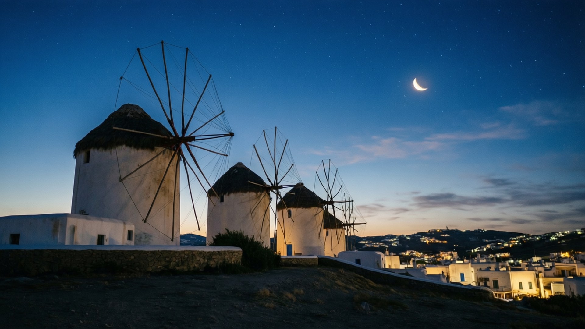 Twilight Serenity, Mykonos windmills, crescent moon, Full HD Desktop Wallpaper