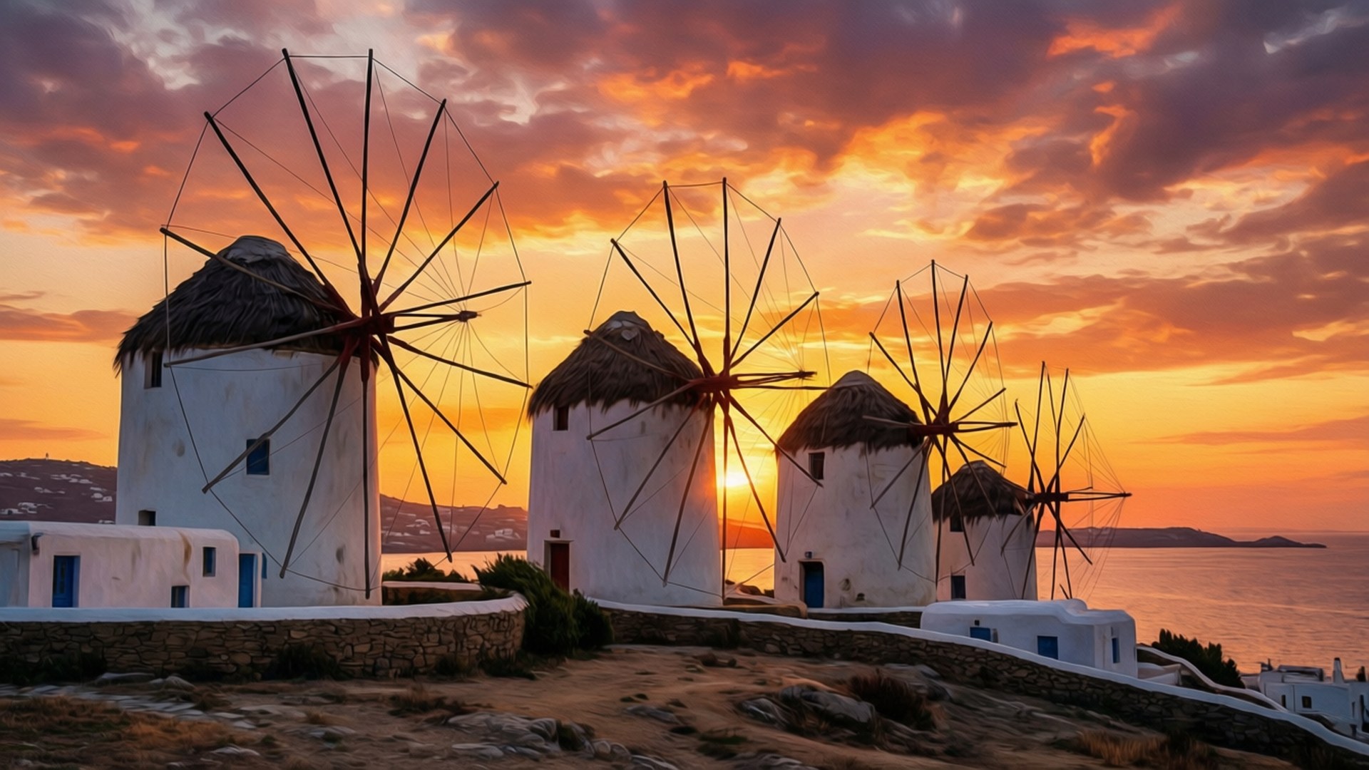 Mykonos Windmills, golden sunset, golden hues, Full HD Desktop Wallpaper