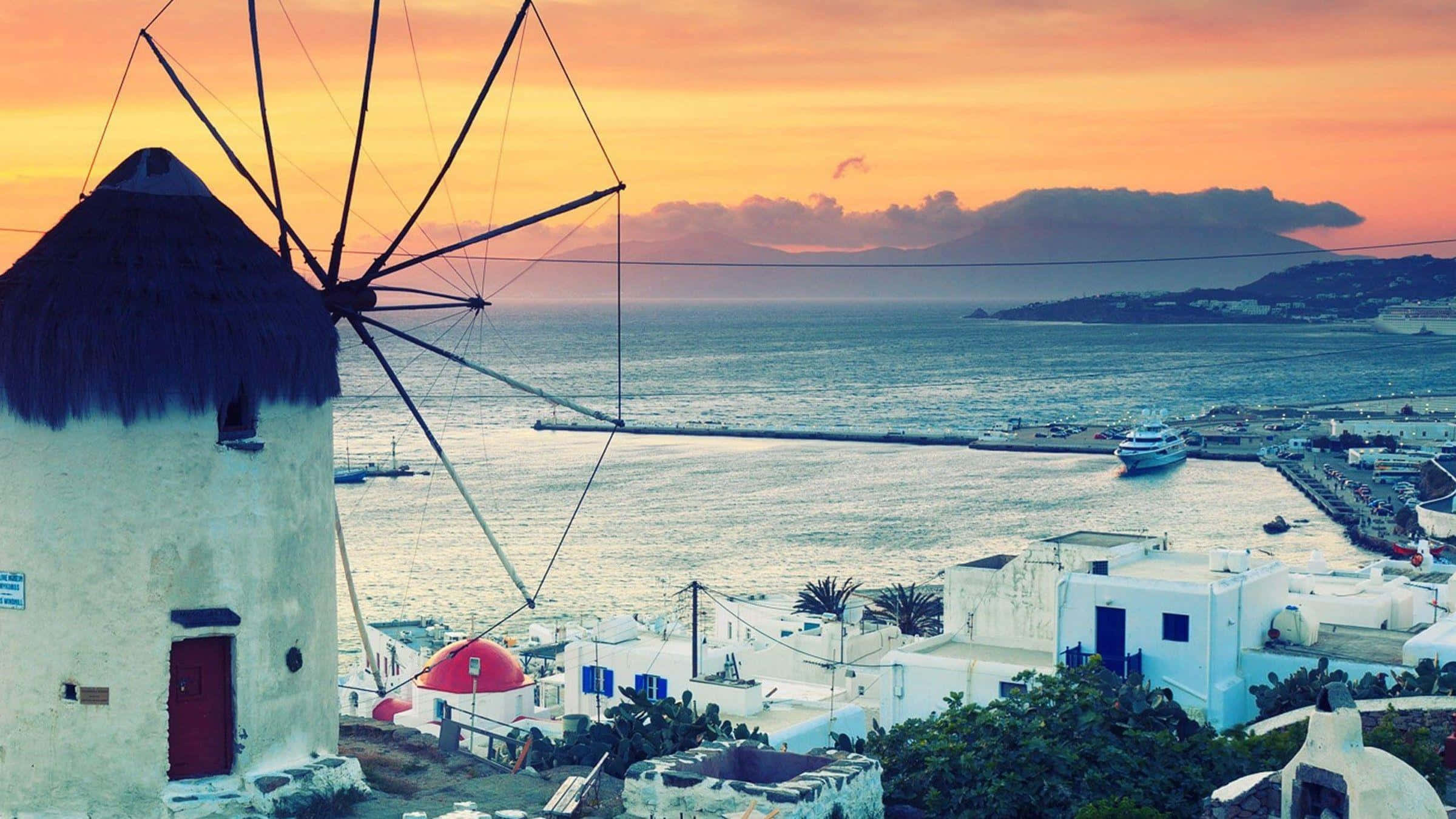 Mykonos Windmills, sunset, cliff, Full HD Desktop Wallpaper