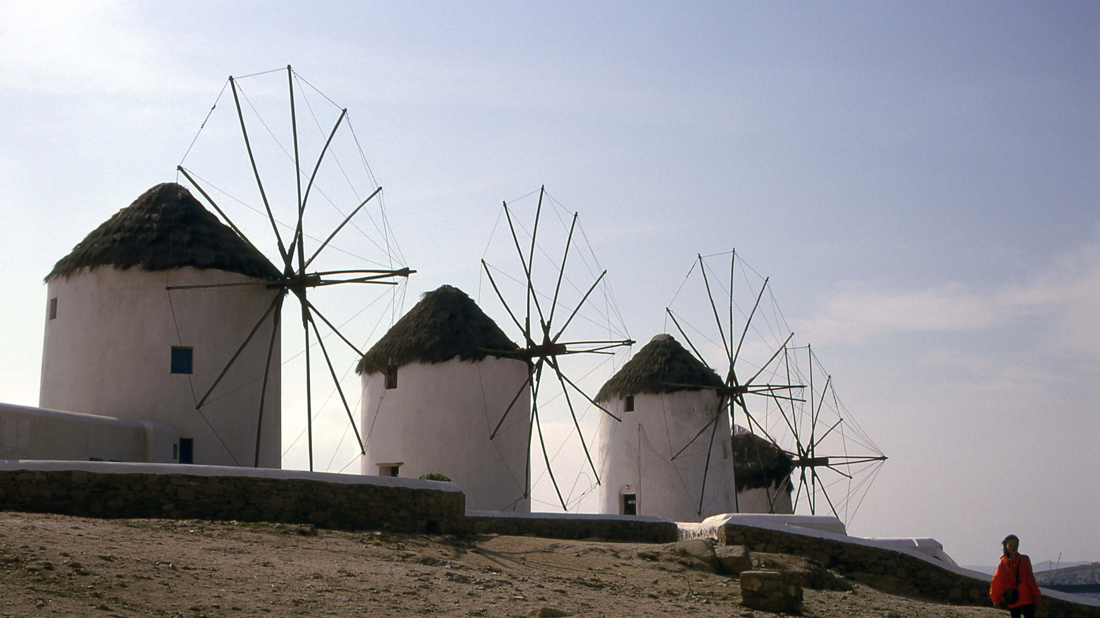 Mykonos Windmills, twilight, white cylindrical windmills, 4K Desktop Wallpaper