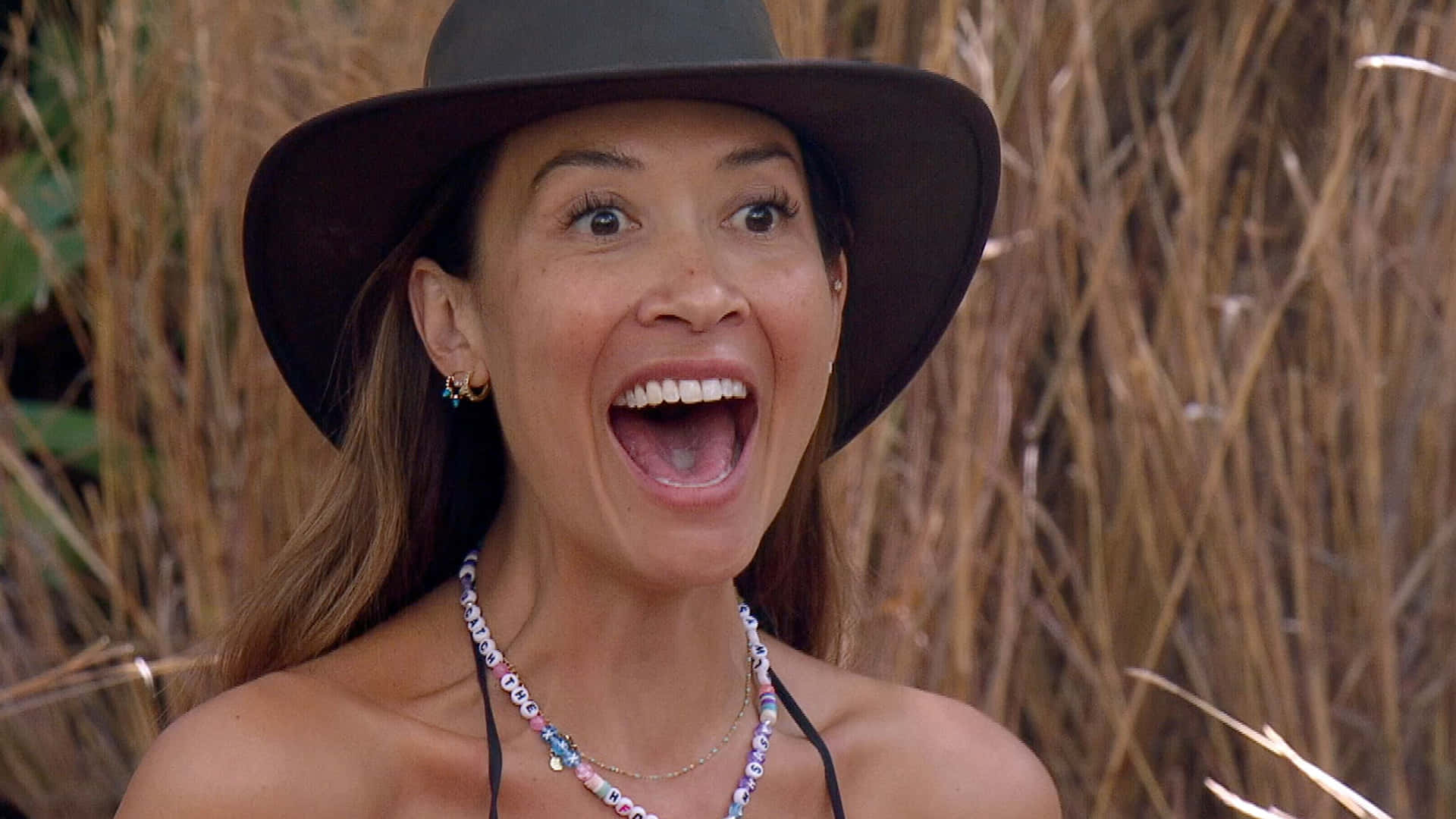 Myleene Klass, wide-brimmed hat, tall dry grass, Full HD Desktop Wallpaper