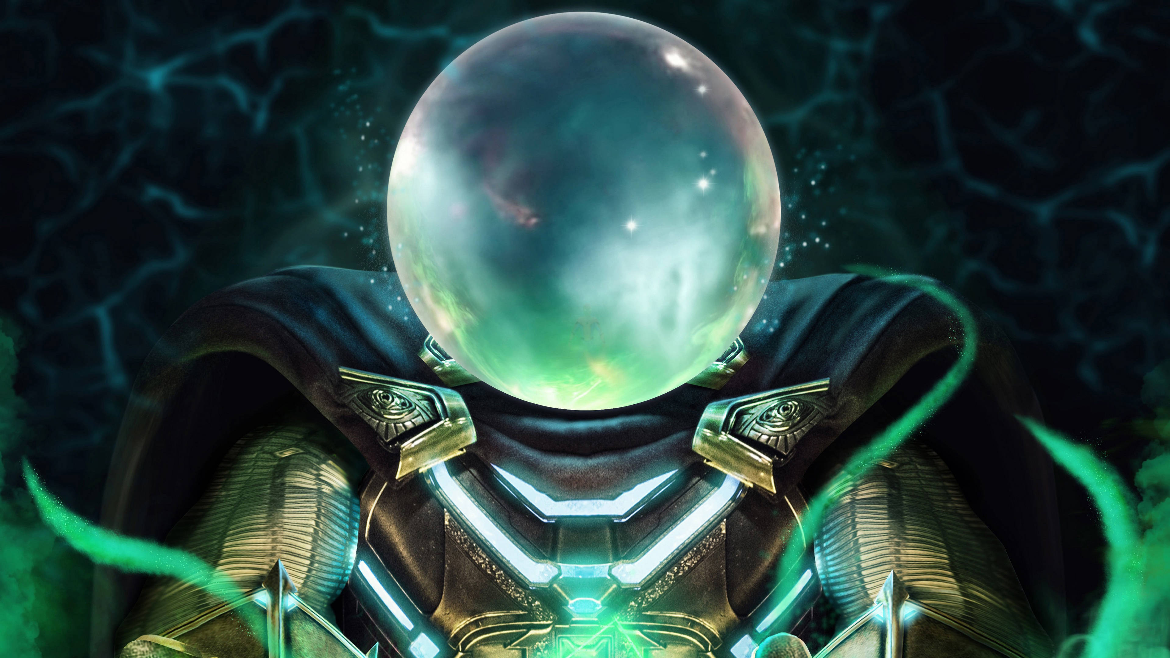 Mysterio, glowing green orb head, armored body, 4K Desktop Wallpaper