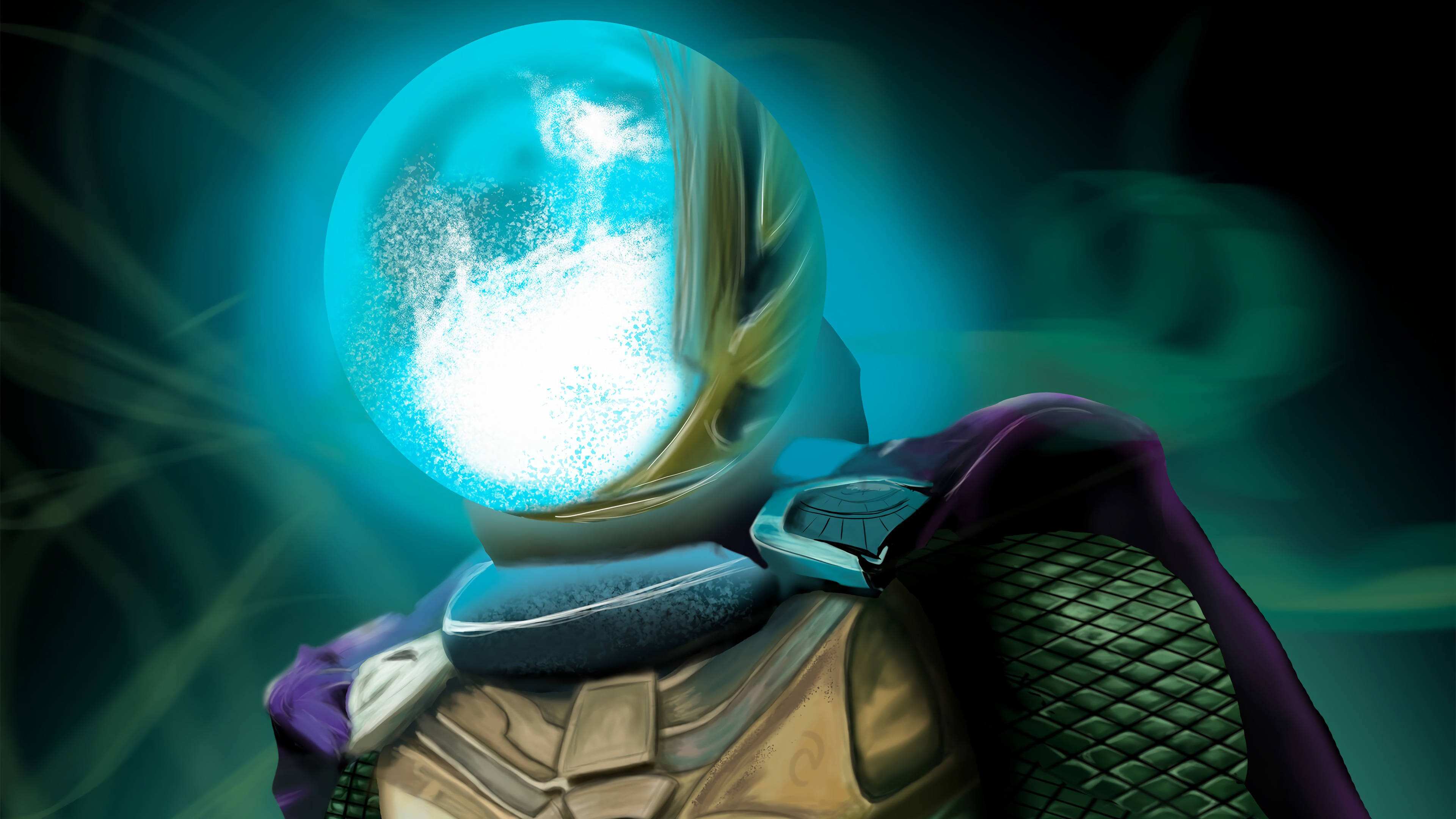 Mysterio, glowing blue orb, dark teal cosmic backdrop, 4K Desktop Wallpaper