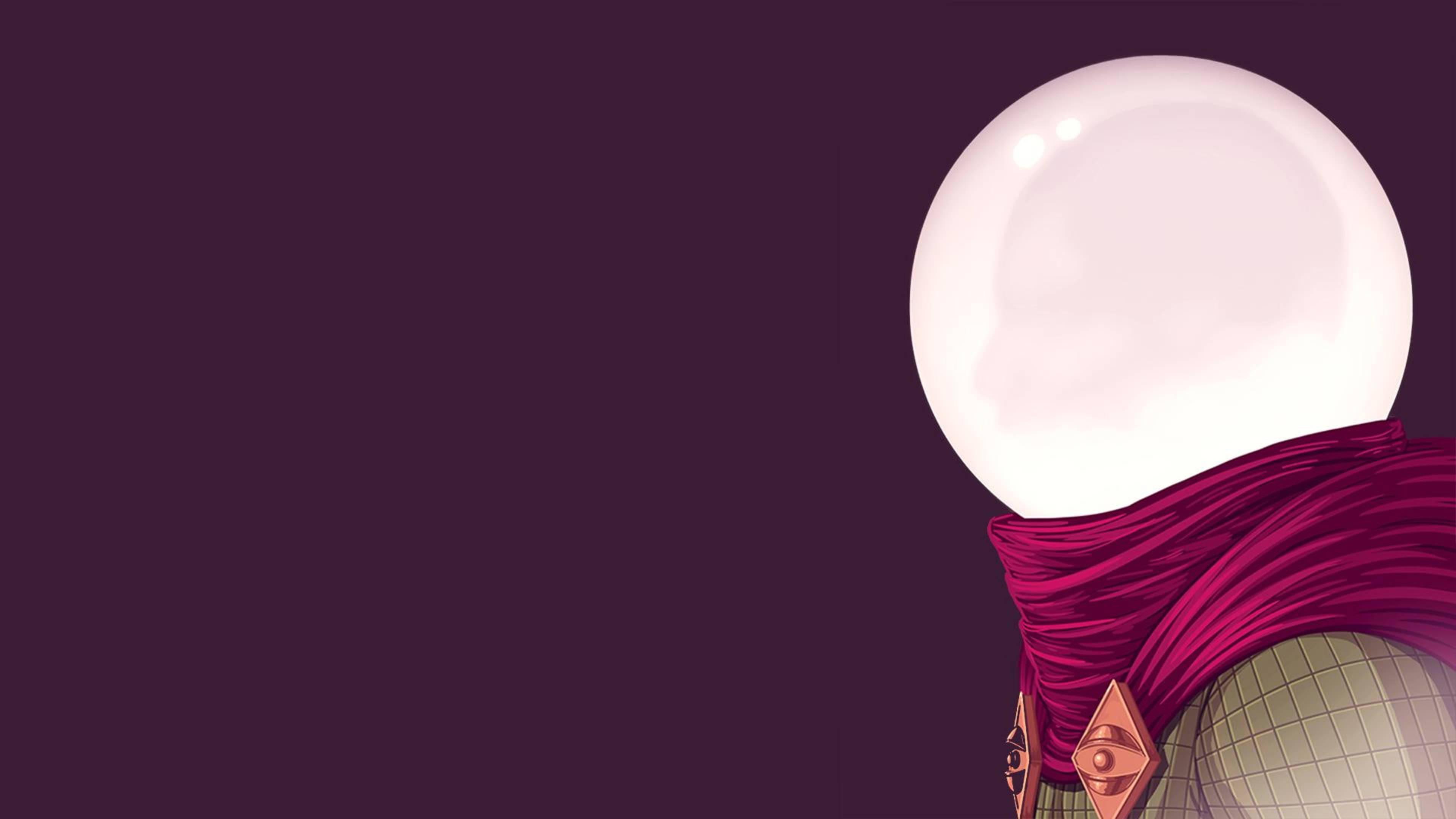 Mysterio, glowing crystal ball, deep magenta fabric, 4K Desktop Wallpaper