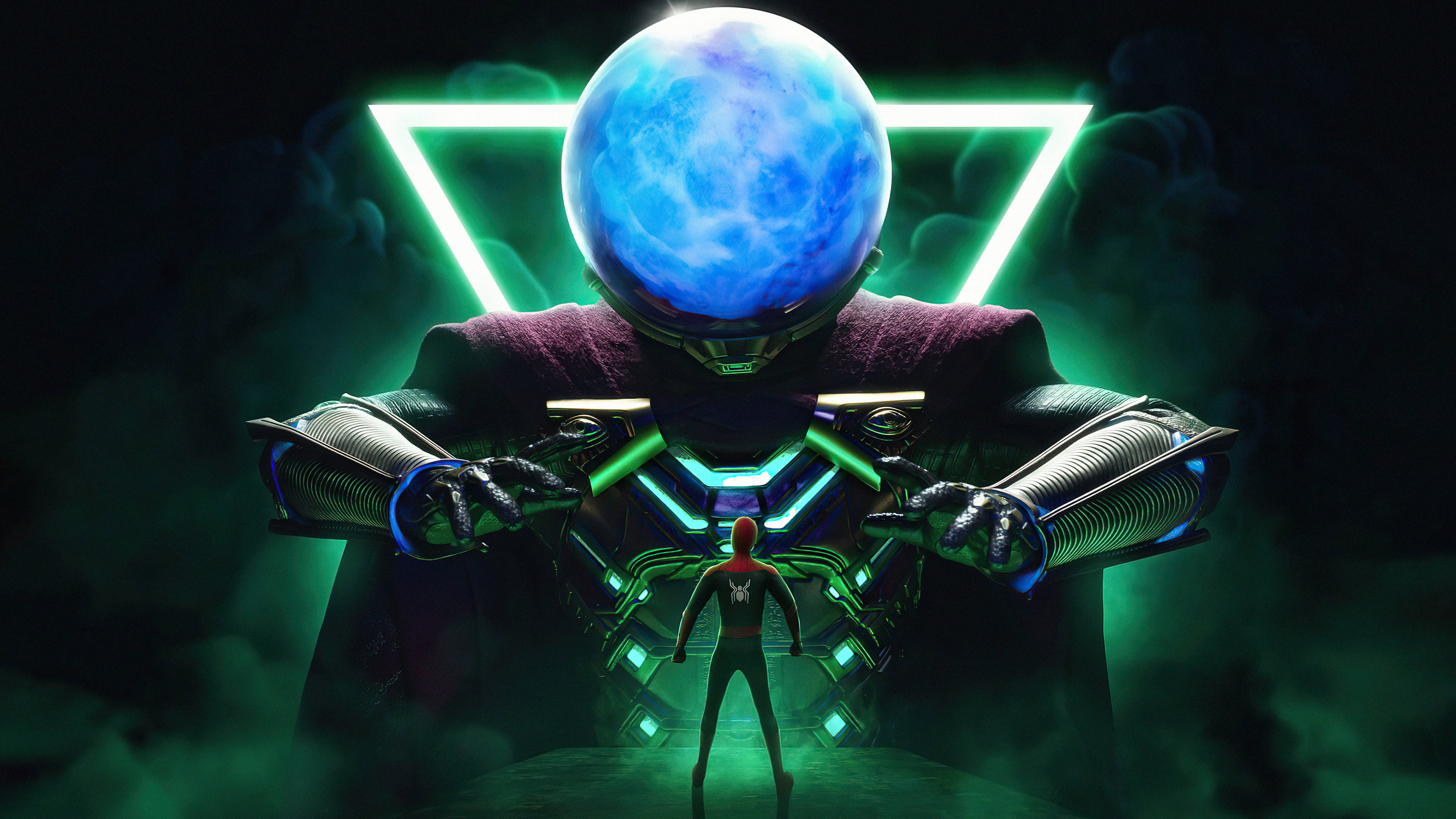 Mysterio, glowing blue planet head, neon green triangles, 4K Desktop Wallpaper