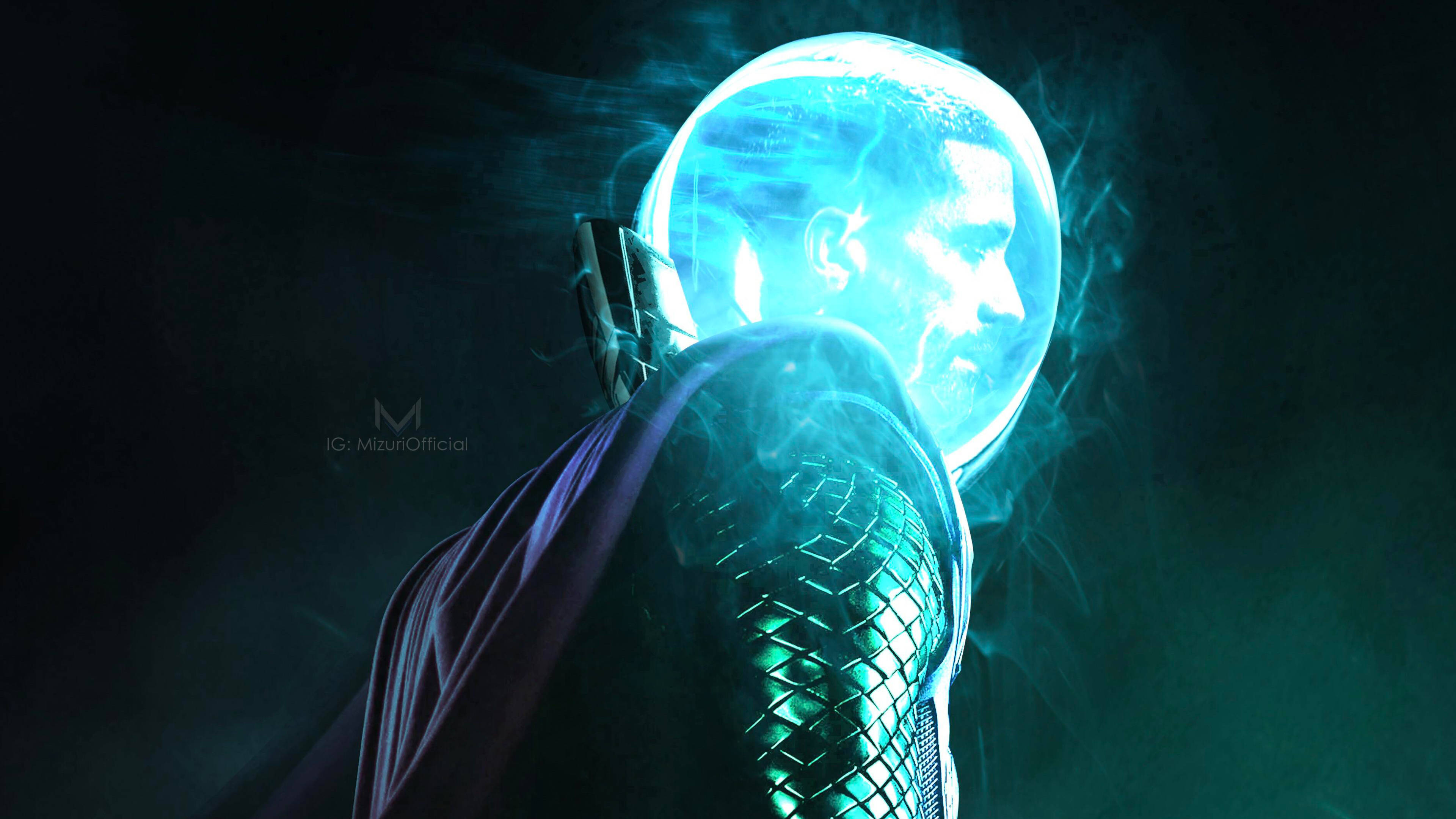 Mysterio, glowing blue orb, ethereal energy, 4K Desktop Wallpaper