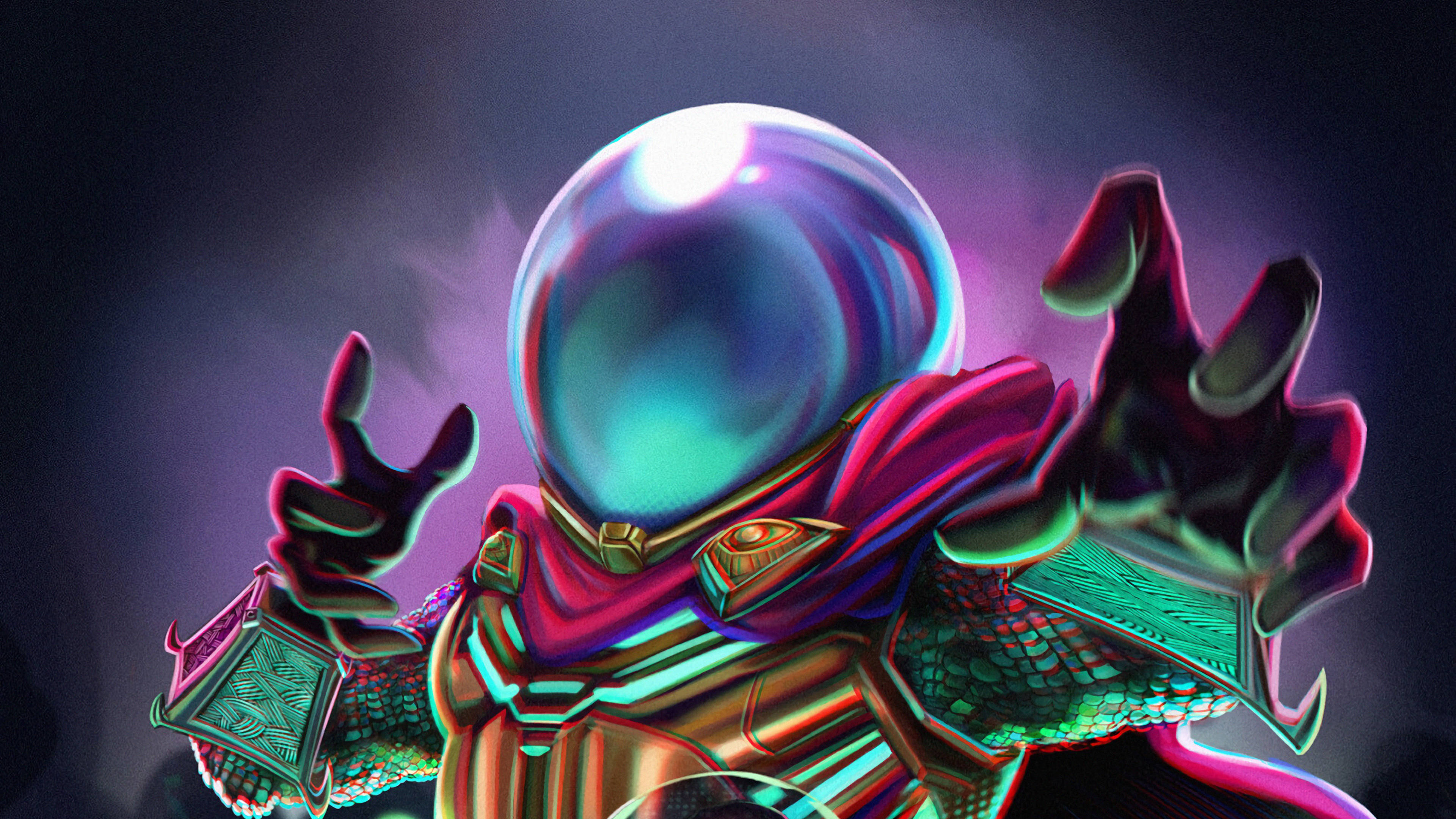 Mysterio, glowing helmet, vibrant armor, 4K Desktop Wallpaper