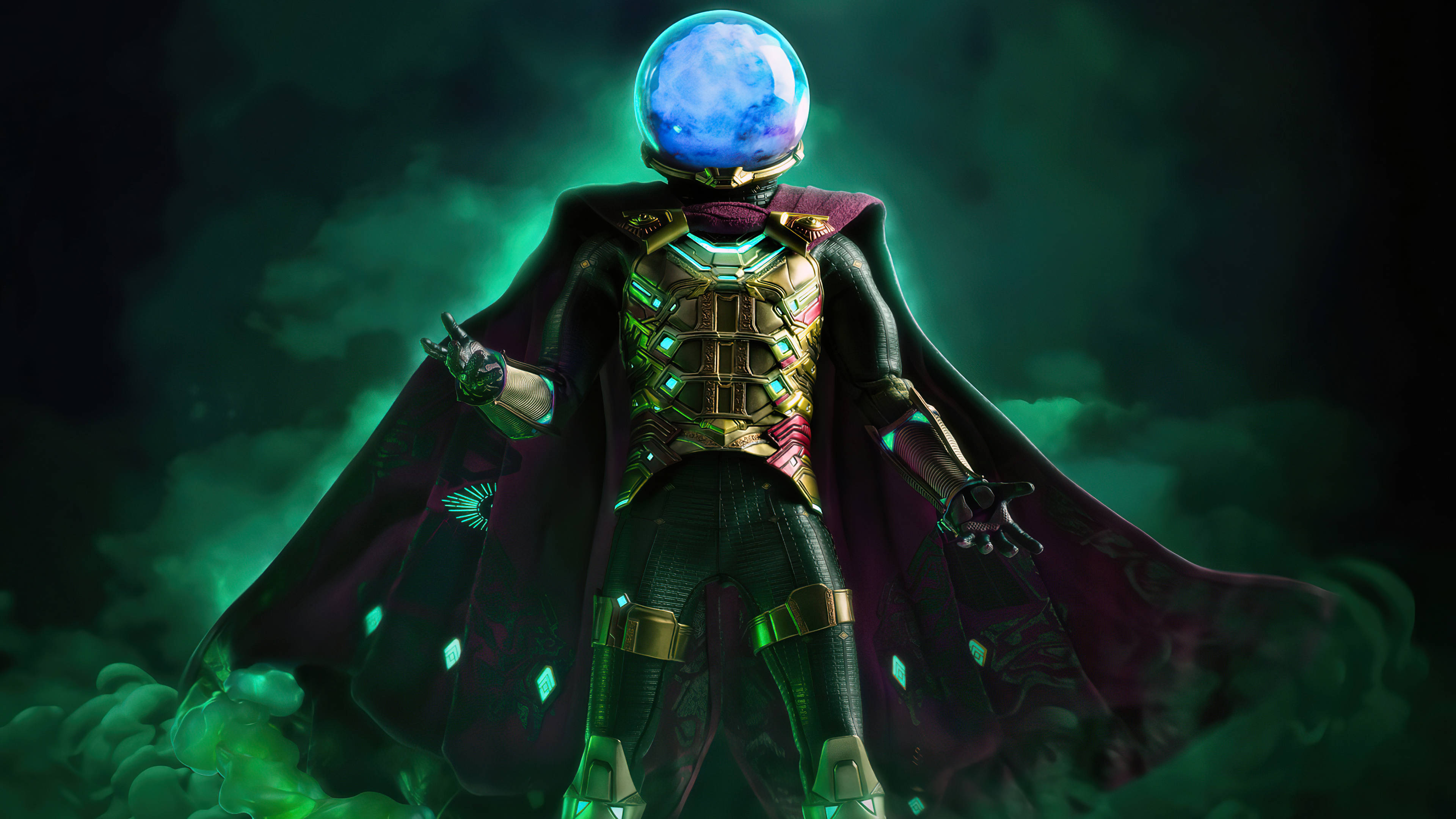 Mysterio, glowing blue orb head, gold armor, 4K Desktop Wallpaper