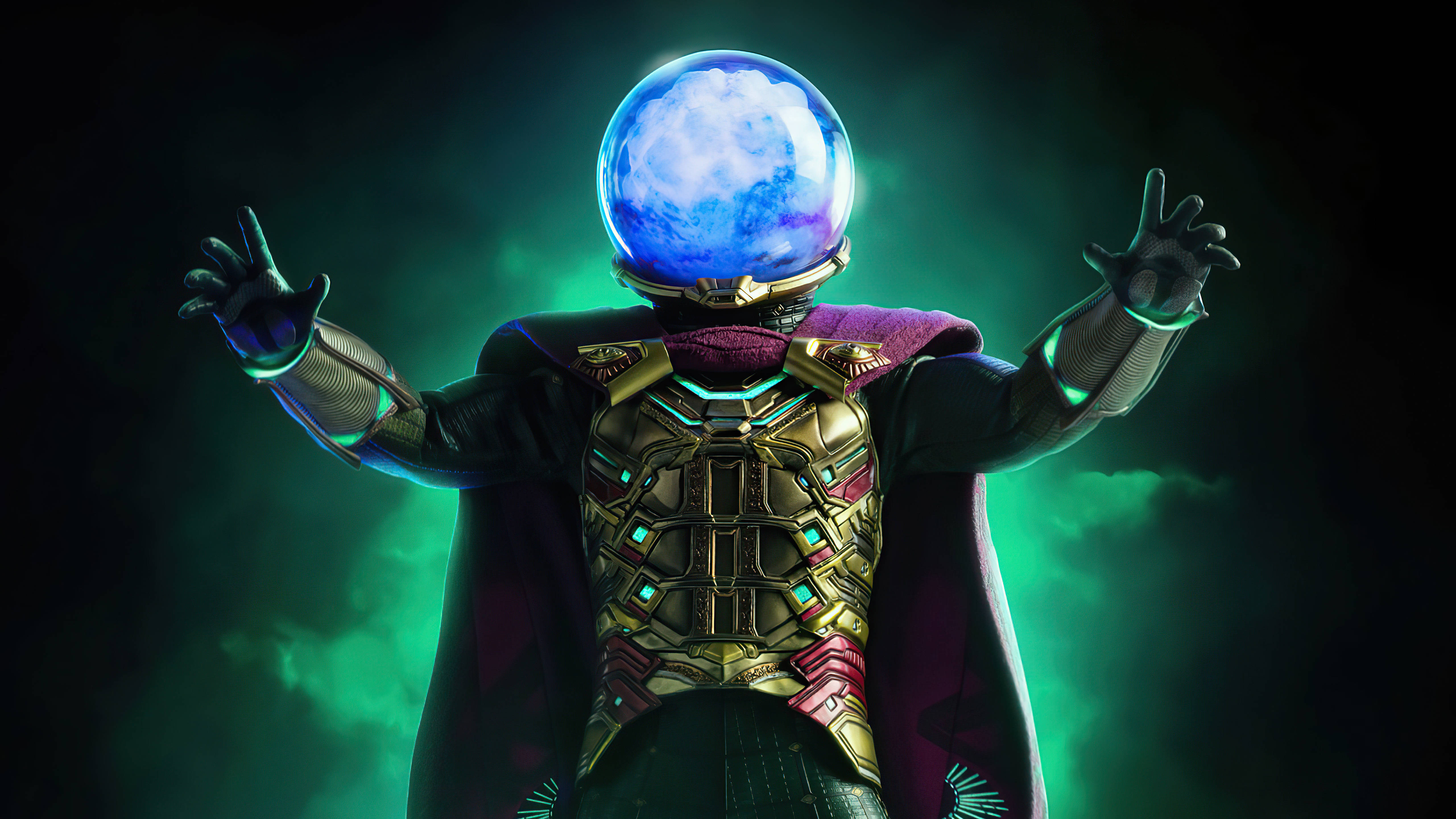 Mysterio, glowing blue planet head, golden armor, 5K Desktop Wallpaper