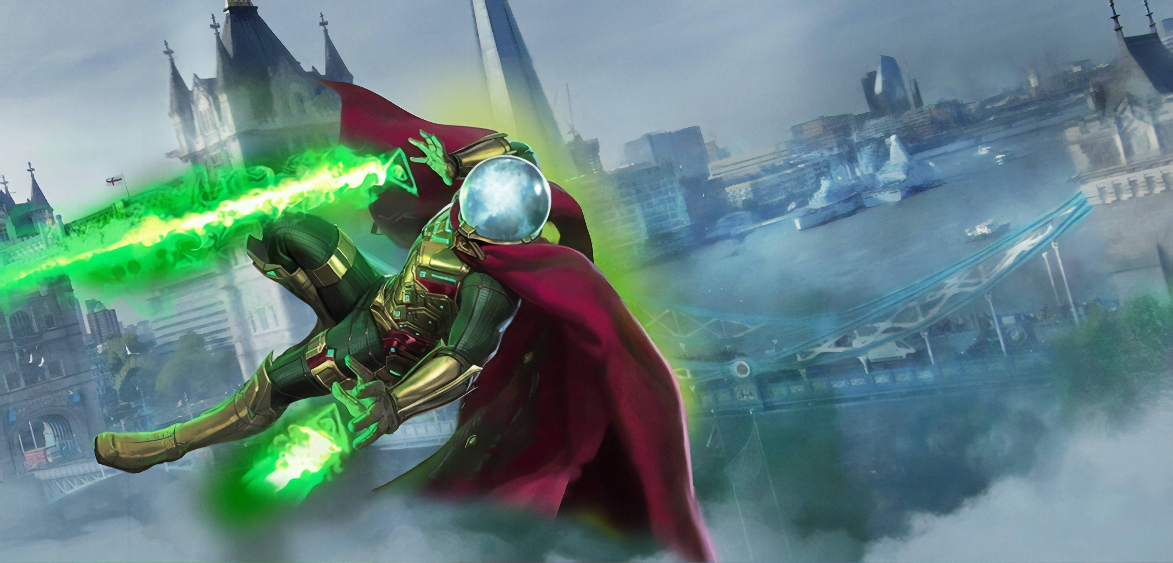 Mysterio, green and gold armor, red cape, 4K Desktop Wallpaper