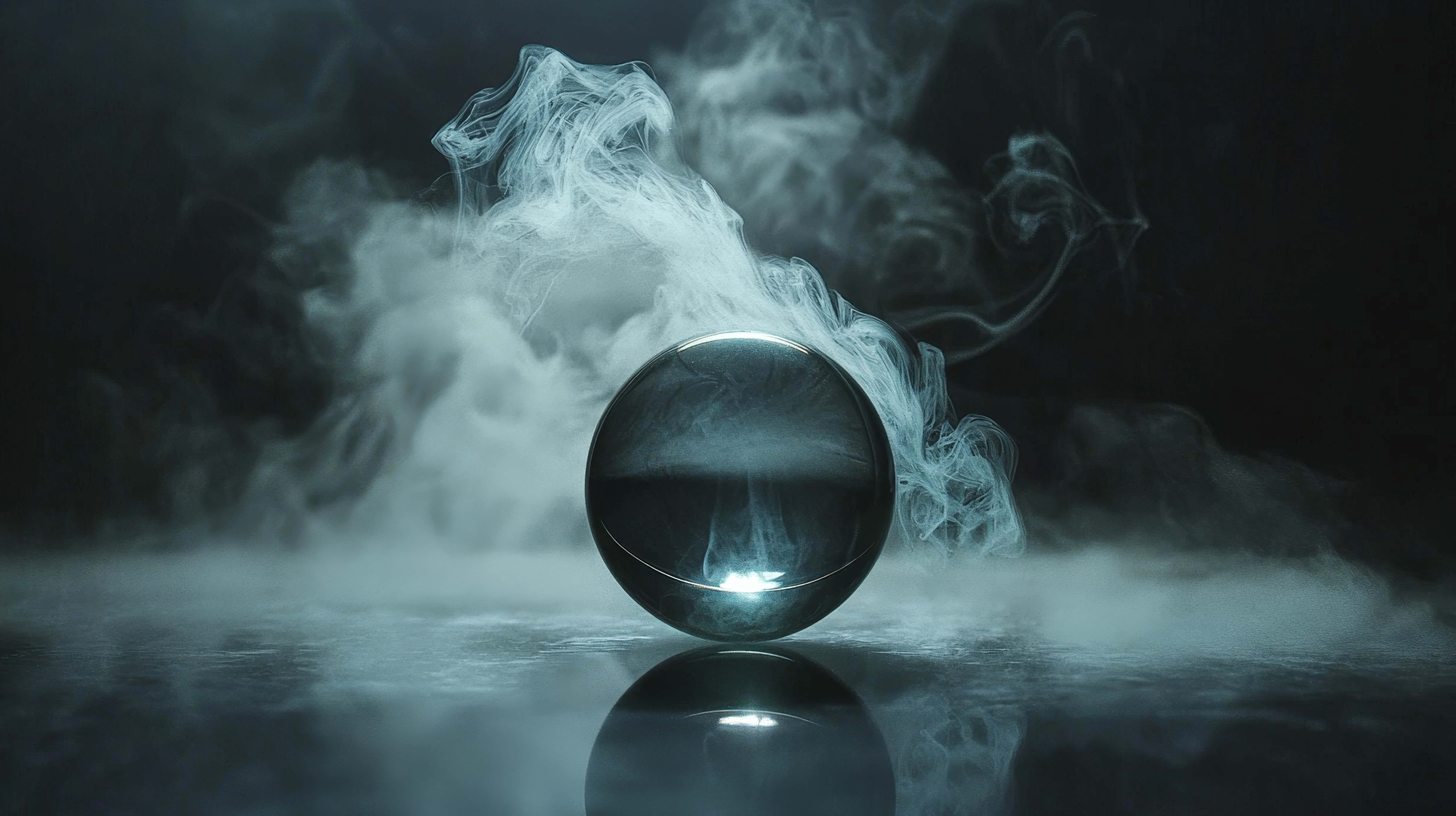 glass sphere, swirling smoke, reflective chrome sphere, 8K Desktop Wallpaper