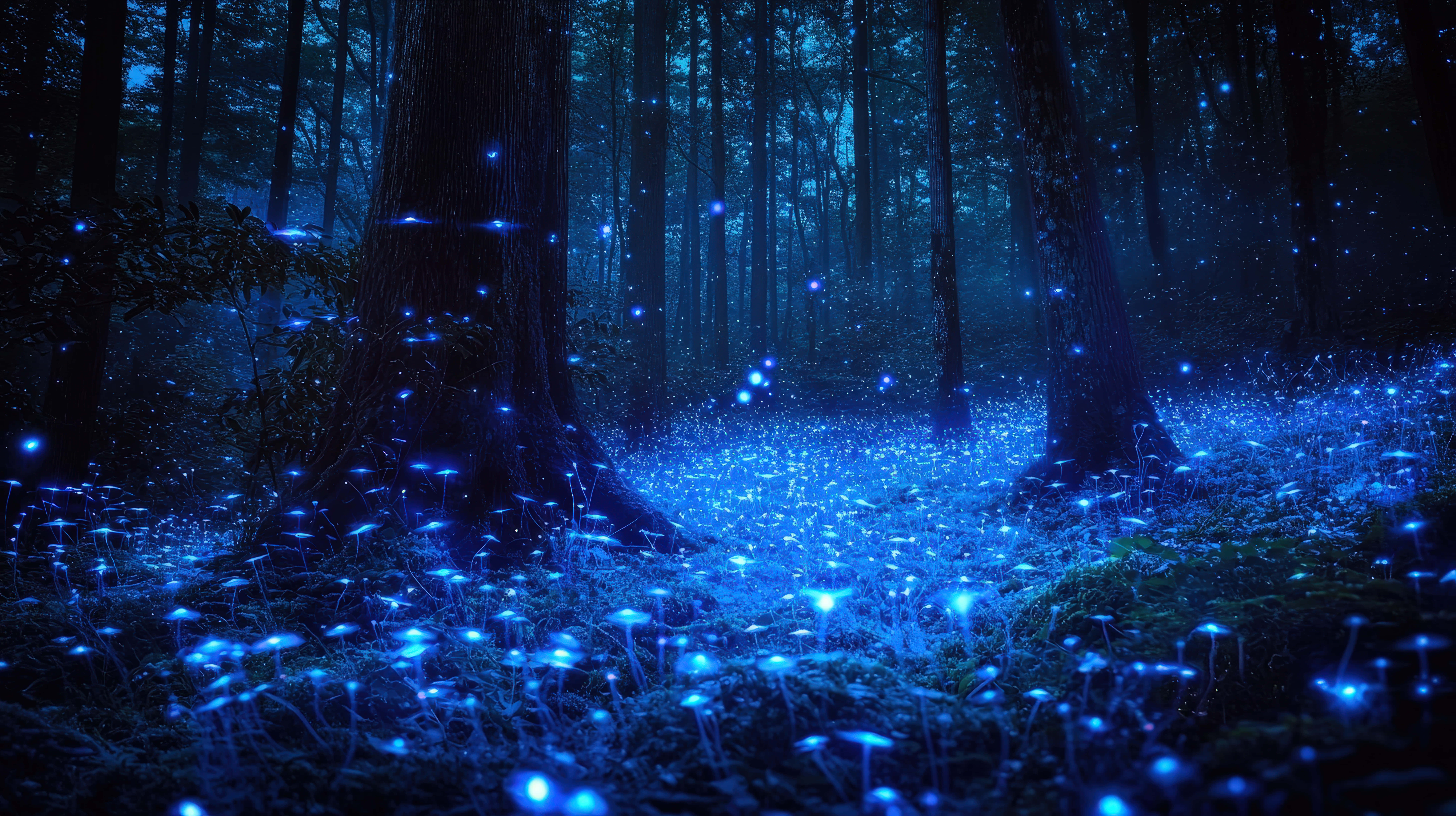 mystical forest, glowing blue bioluminescent mushrooms, fireflies, 8K Desktop Wallpaper