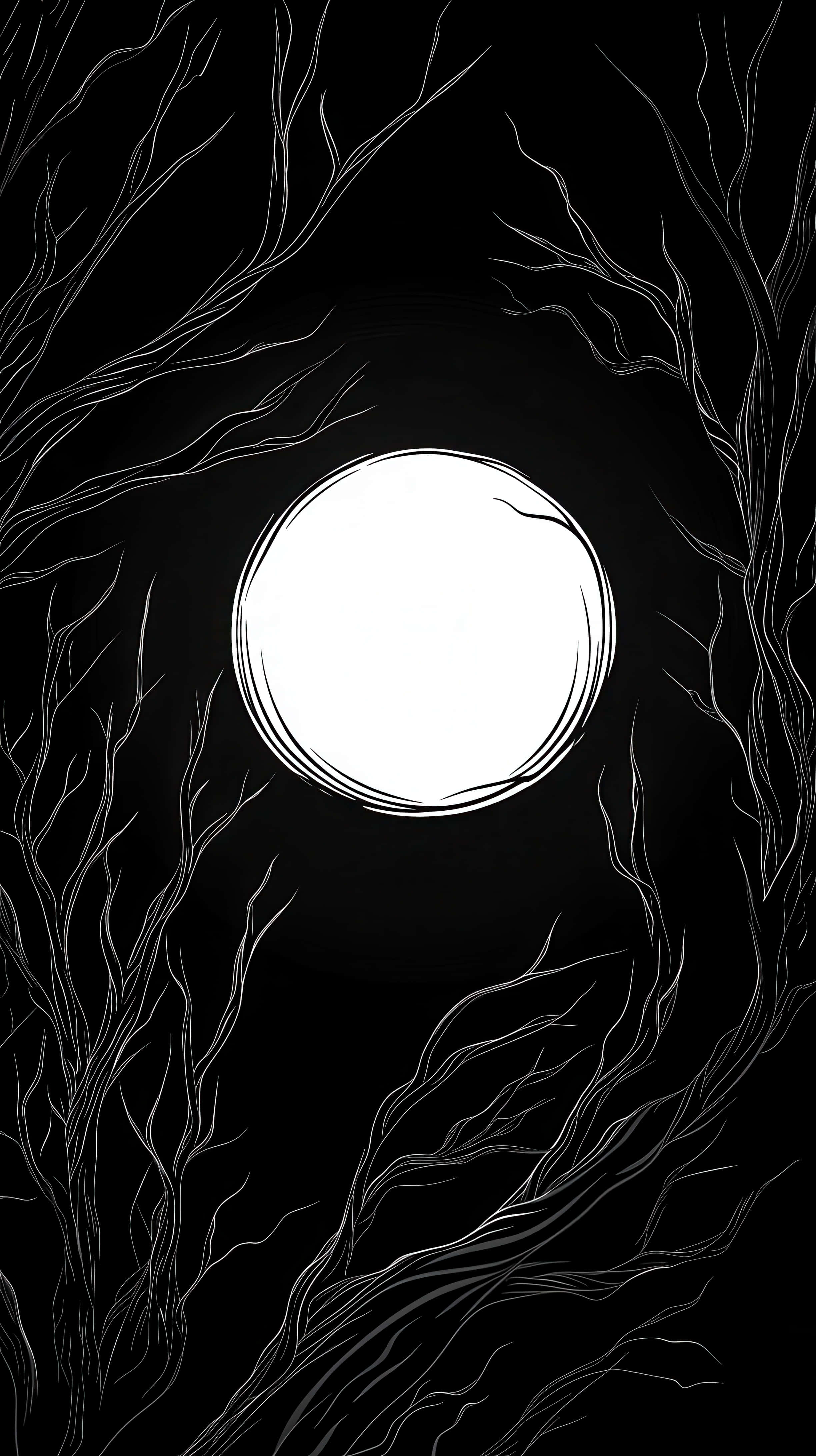 full moon, bare trees, black background, 4K Phone Wallpaper