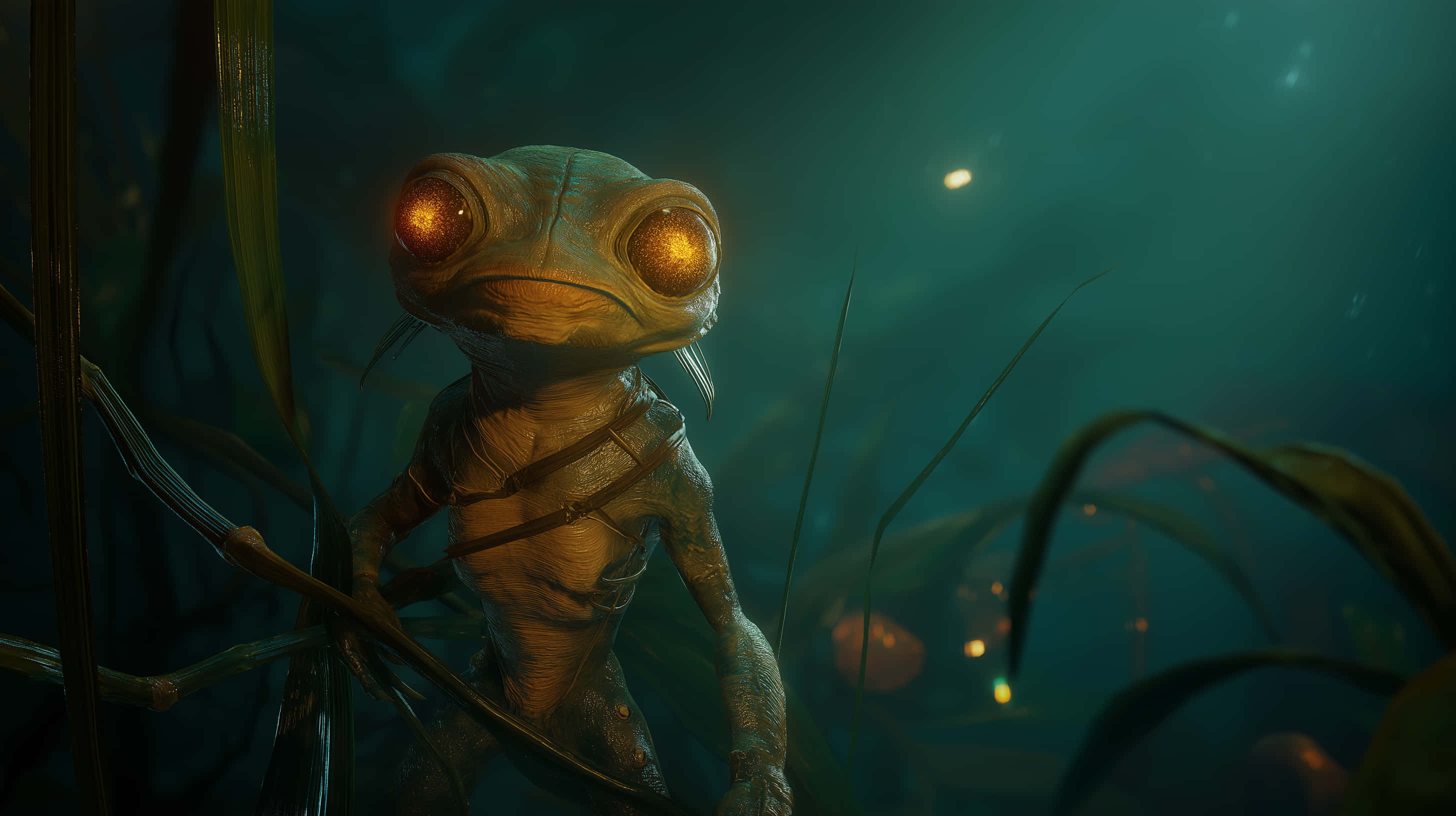 glowing-eyed amphibian creature, textured skin, underwater vegetation, 2K Desktop Wallpaper